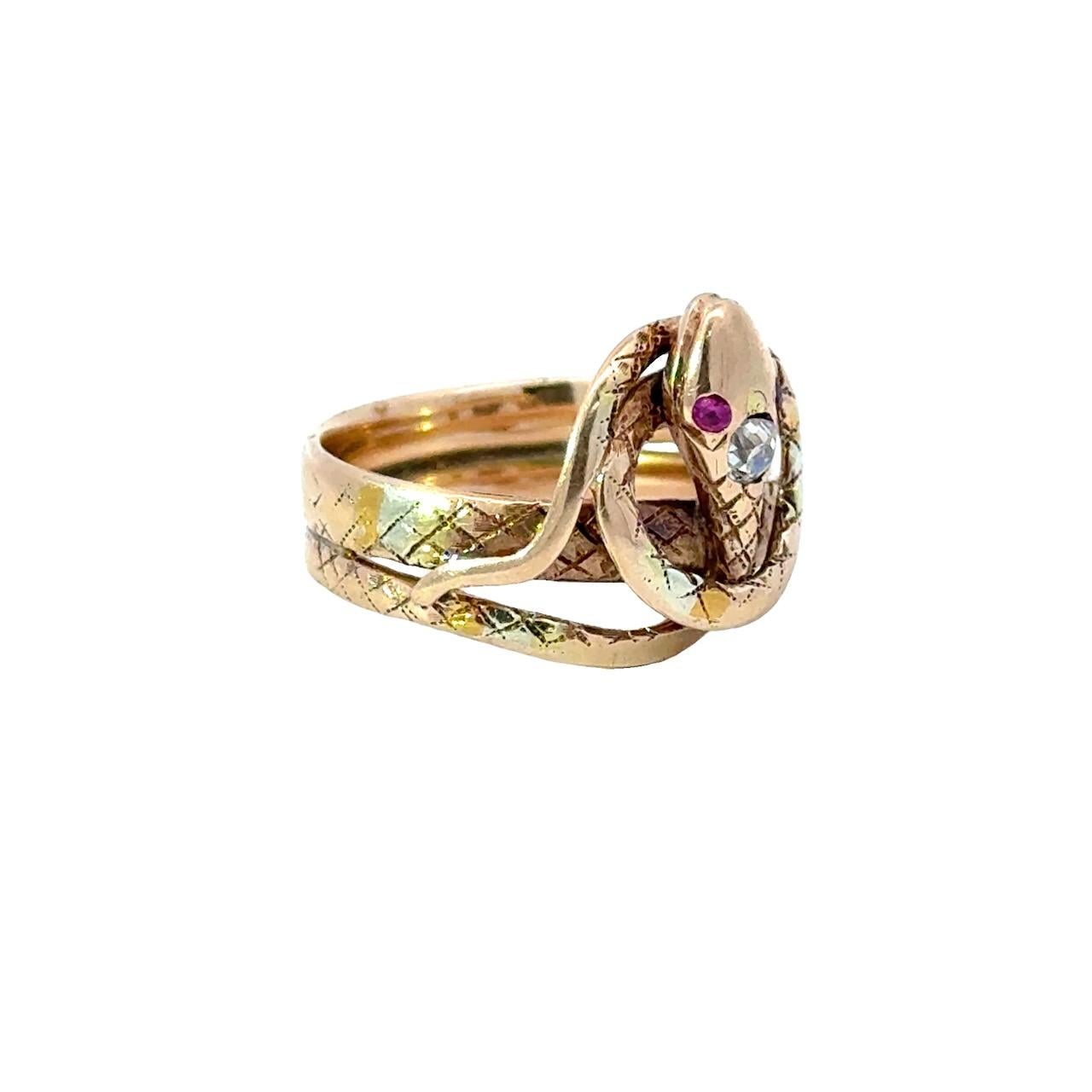 One of a Kind Diamond & Ruby Antique Victorian 14KT Gold Snake Ring 2