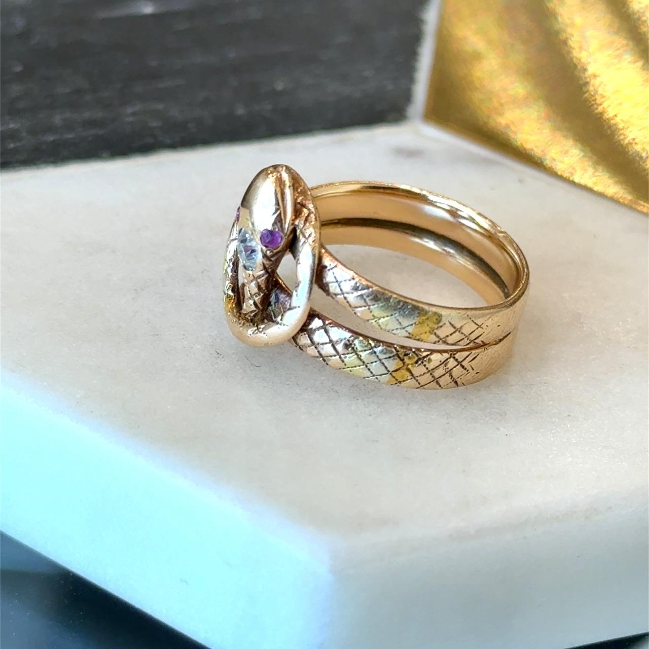 One of a Kind Diamond & Ruby Antique Victorian 14KT Gold Snake Ring 4