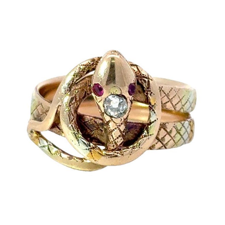 One of a Kind Diamond & Ruby Antique Victorian 14KT Gold Snake Ring For Sale