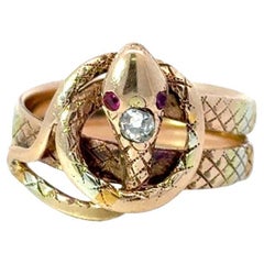One of a Kind Diamond & Ruby Antique Victorian 14KT Gold Snake Ring