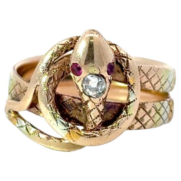 Bague serpent unique en son genre en or 14KT, diamant et rubis, ancienne et victorienne en vente