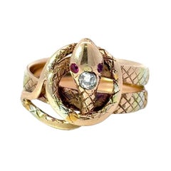 Bague serpent unique en son genre en or 14KT, diamant et rubis, ancienne et victorienne