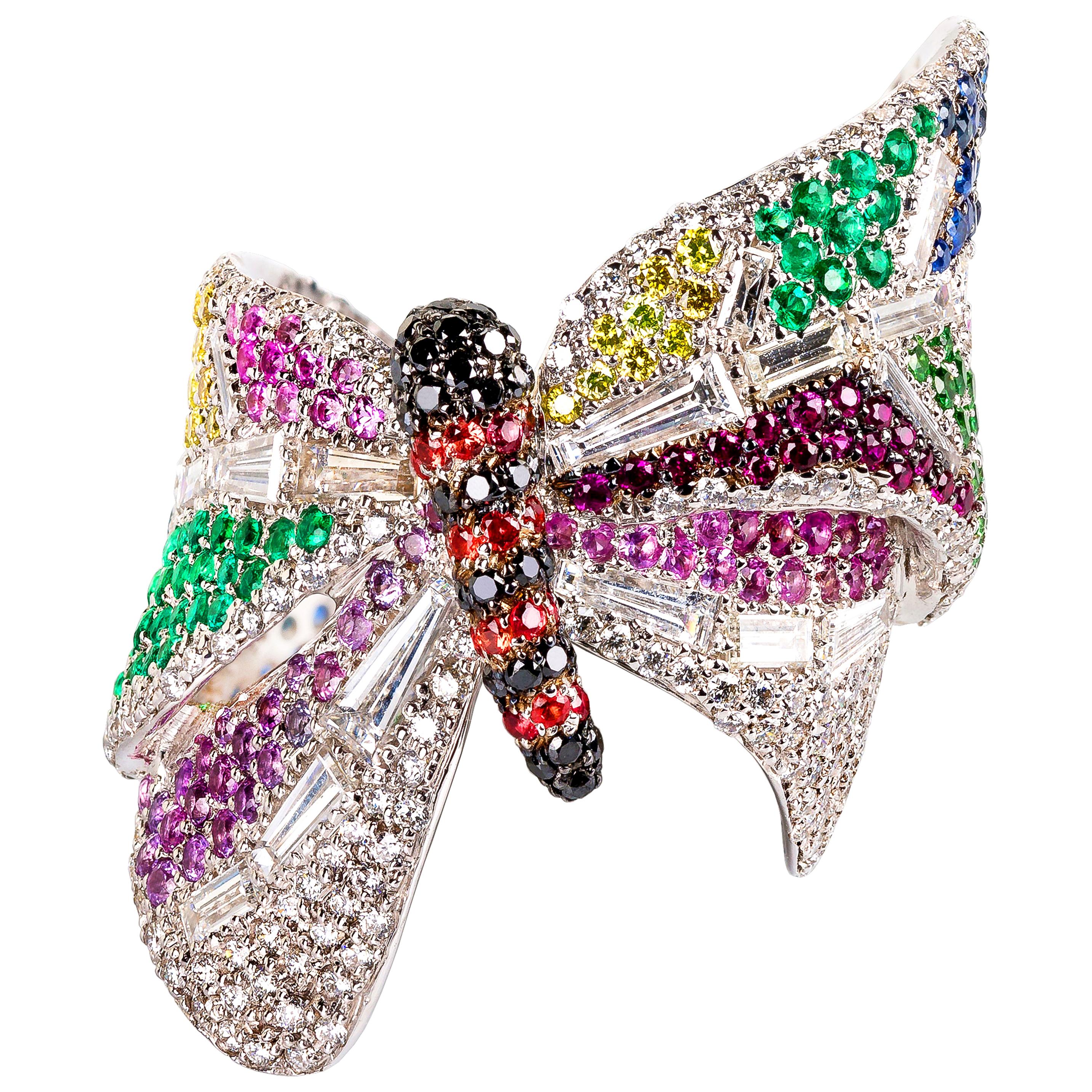 Rosior one-off Multicolor Gemstone "Butterfly" Ring set in White Gold