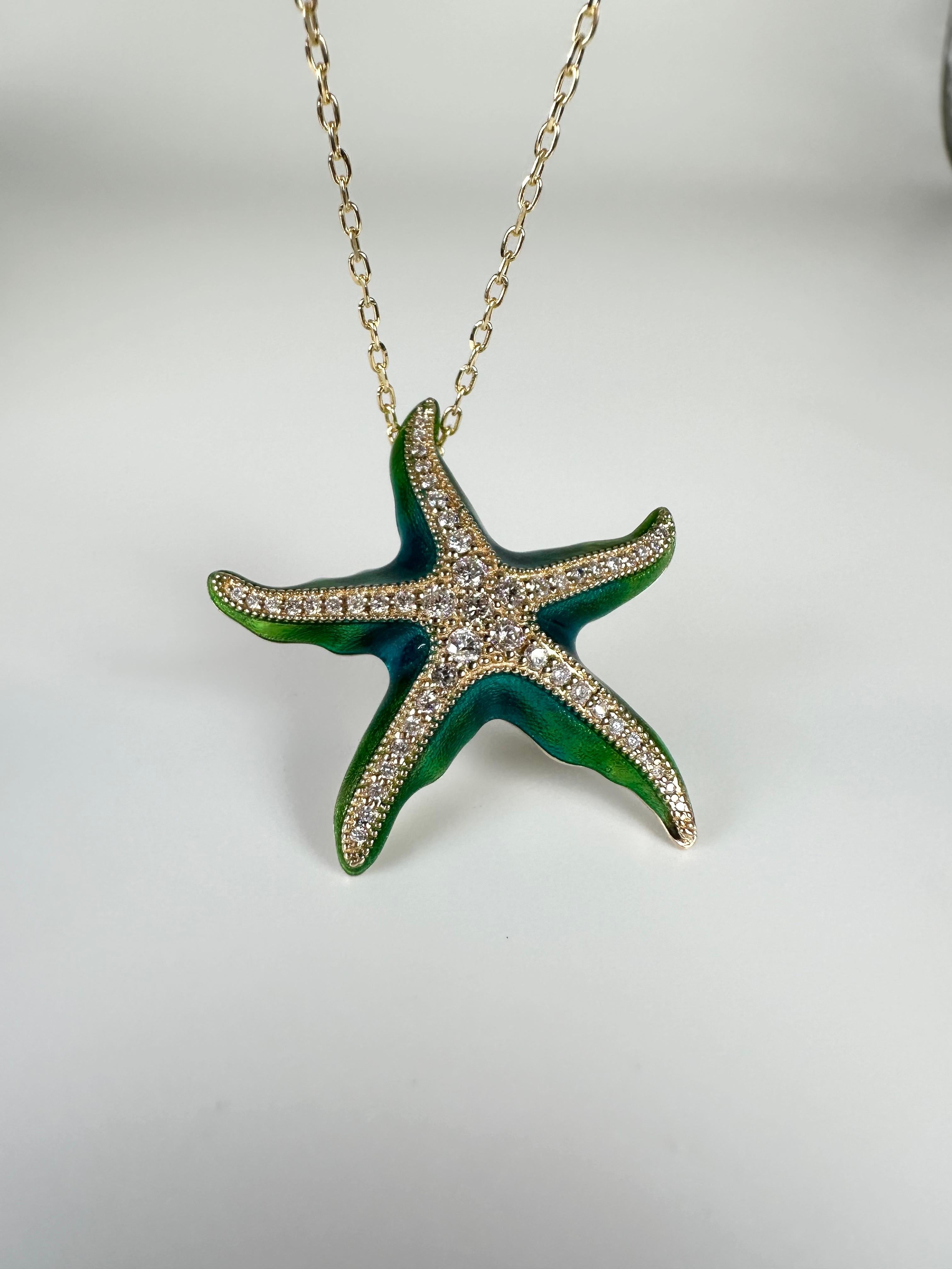 One of a kind diamond starfish enamel art 14KT gold In New Condition For Sale In Jupiter, FL