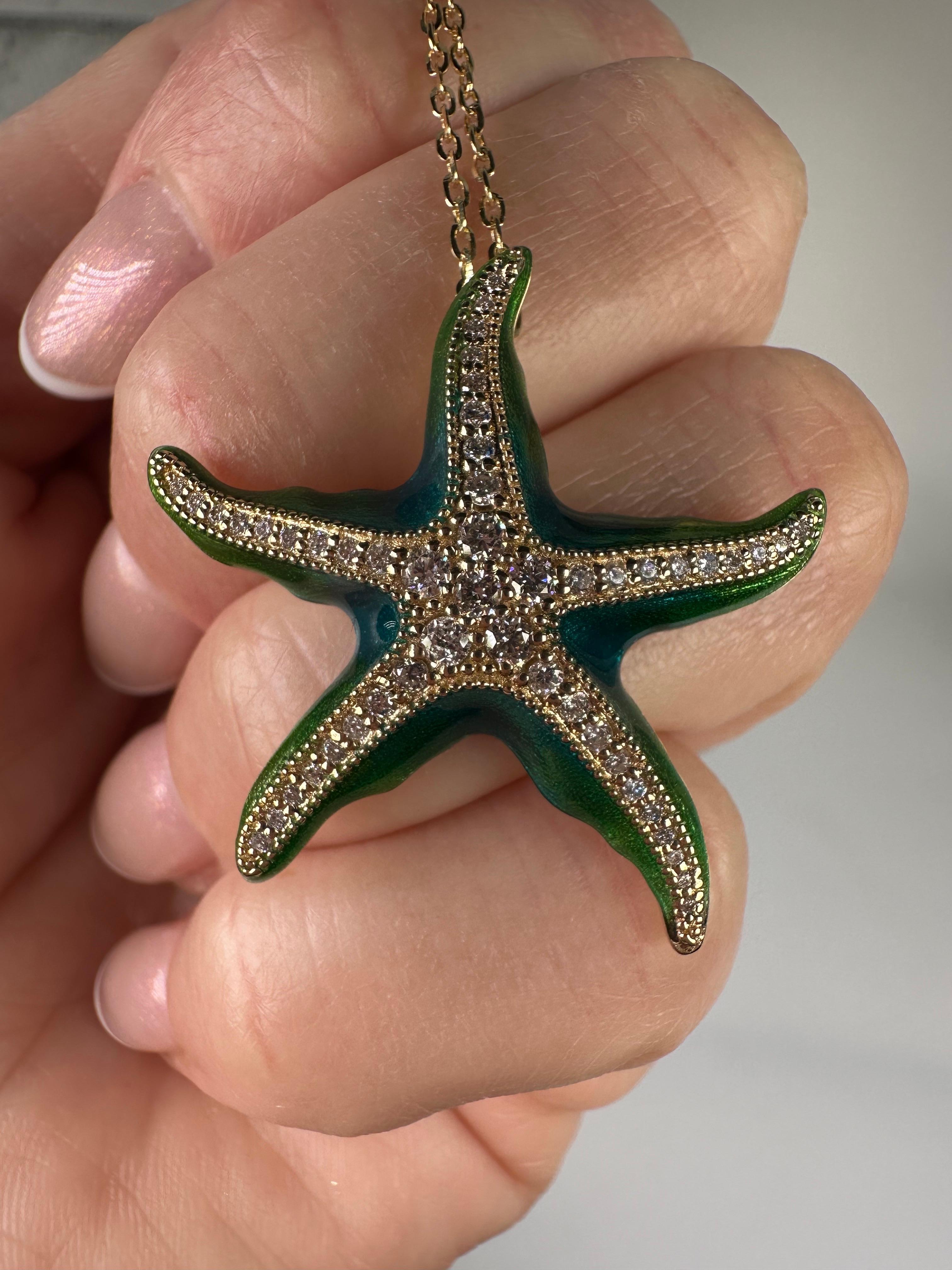 Women's or Men's One of a kind diamond starfish enamel art 14KT gold For Sale