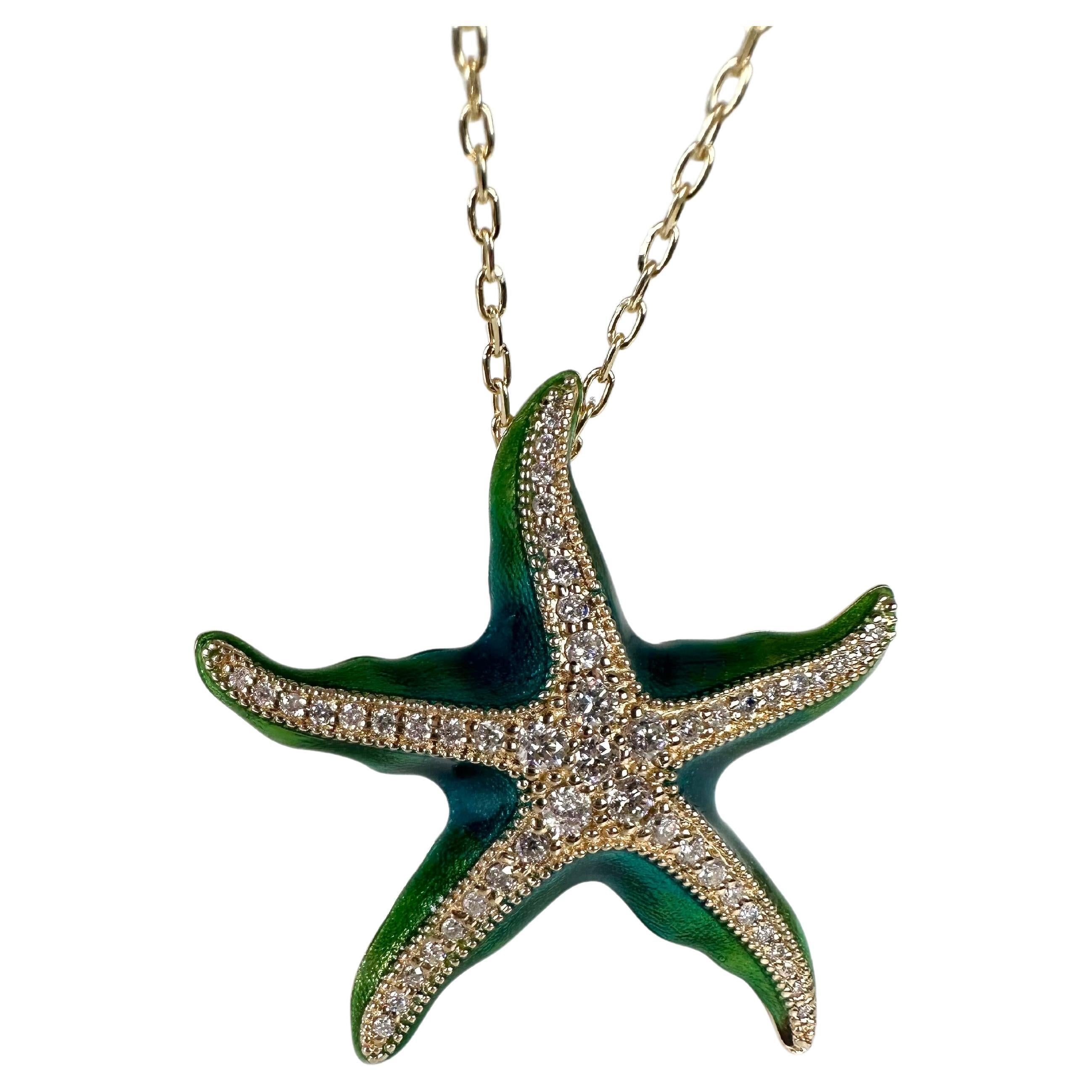 One of a kind diamond starfish enamel art 14KT gold For Sale