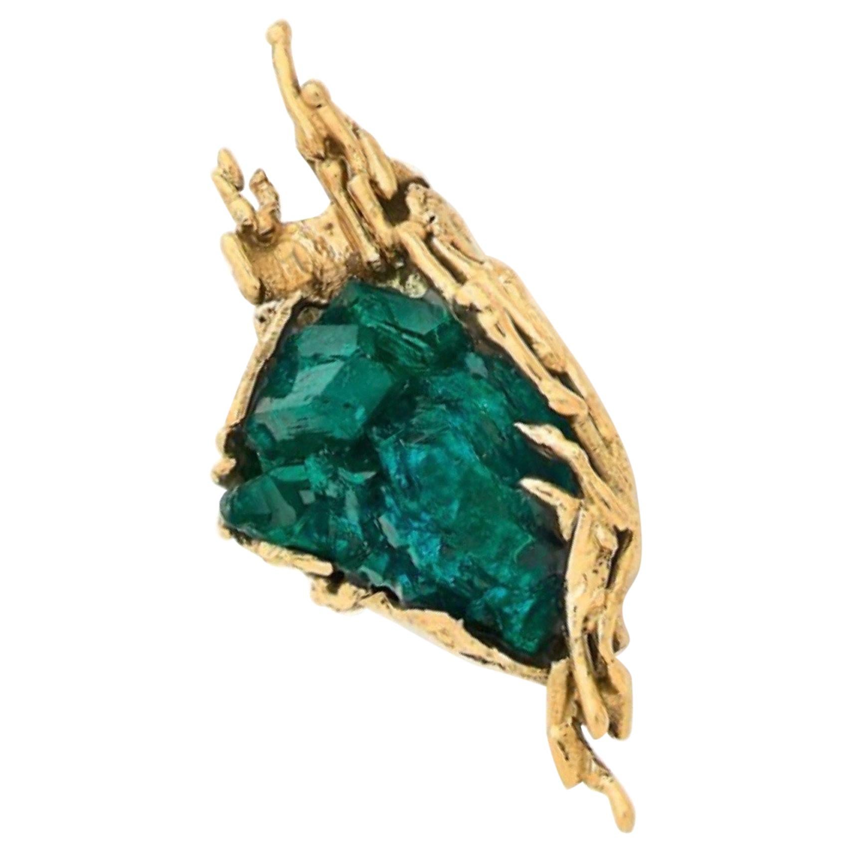 One of a Kind Dioptase Yellow Gold Granite 18 Carats Brooch Signed Roland Schad For Sale