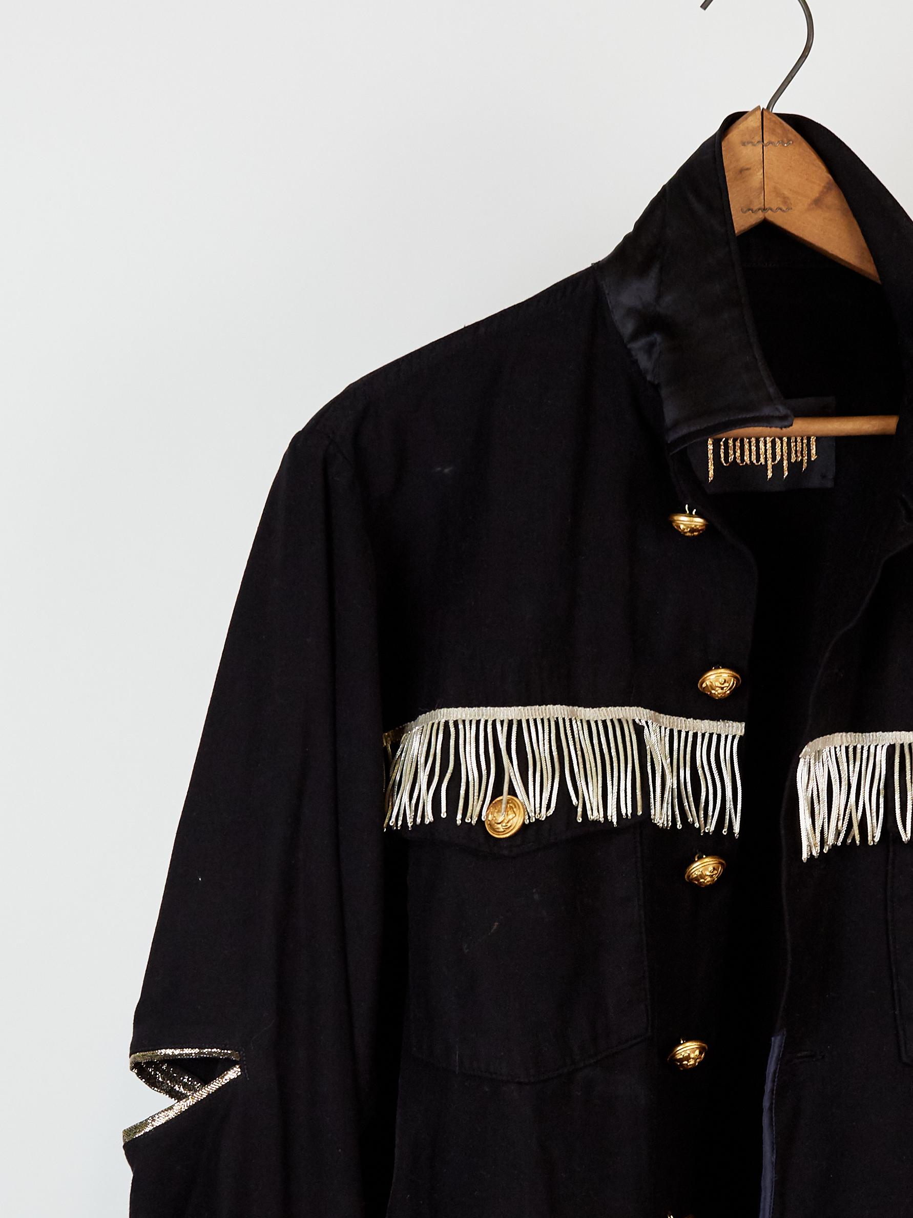 Embellished Repurposed Us Military Jacket from the 70's in 100% Cotton dyed in Black, Original Antique French Bullion Silver Fringe and Vintage Gold Tone Buttons in Brass with details of Black Duchesse 100% Silk and French Designer Gold Fabric.