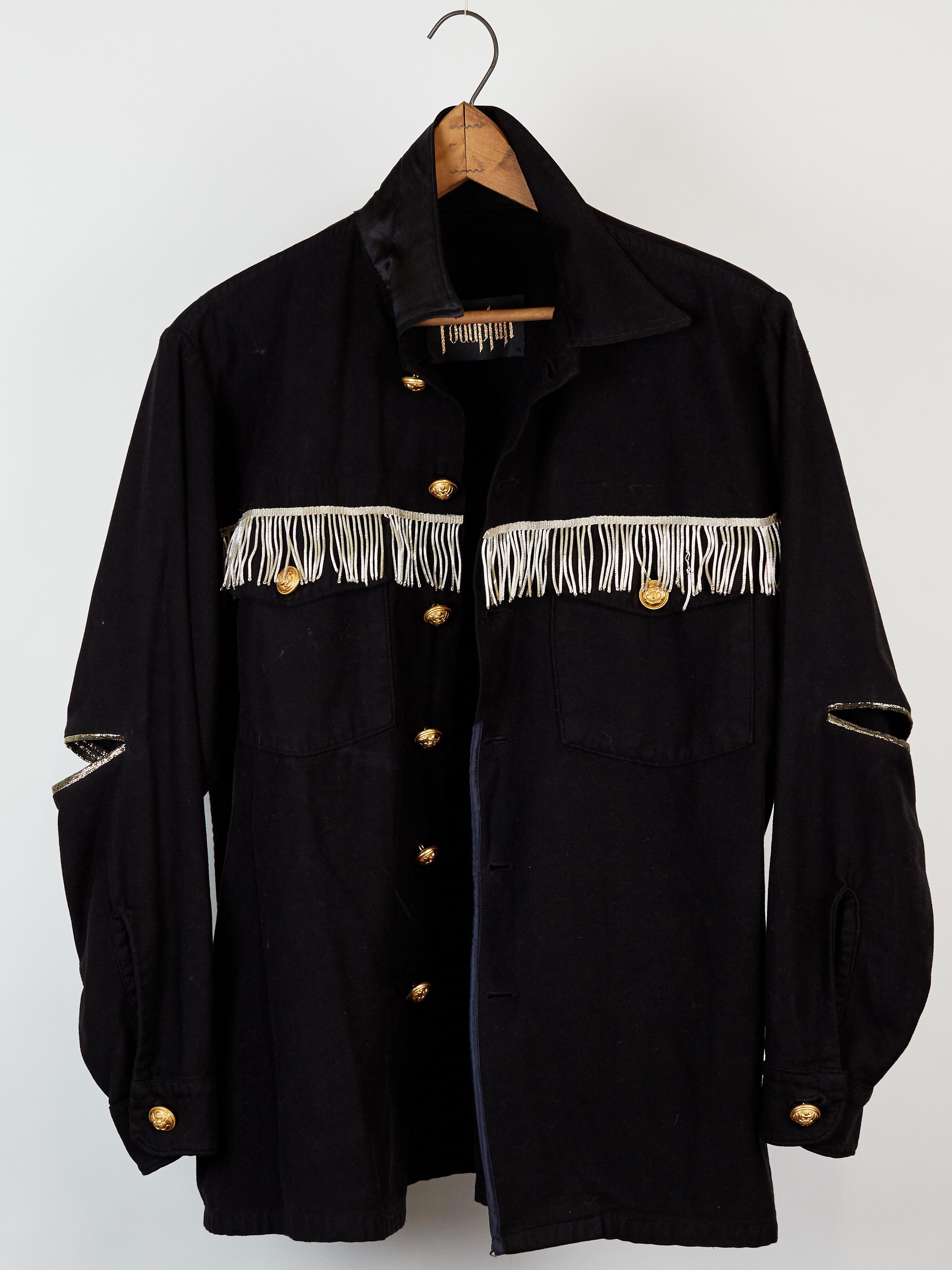 Women's One of a kind Fringe Jacket Black Gold Buttons Open Elbow Gold J Dauphin