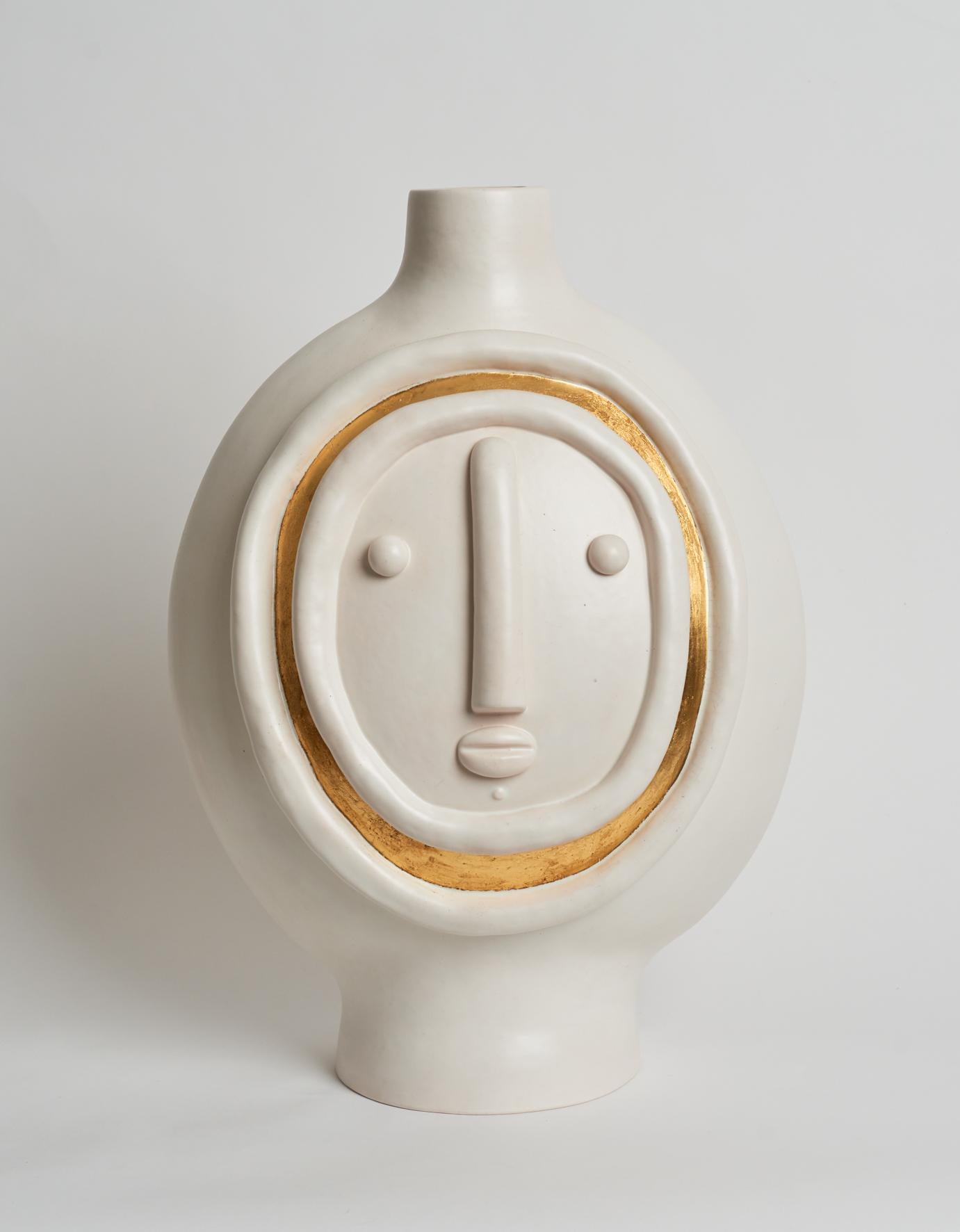Hand-sculpted ceramic lamp base , white enamel with golden circle in front and ivory square face on back.

One of a kind stoneware piece glazed in white enamel signed by the French ceramicists Dalo 

The height dimension is for the ceramic