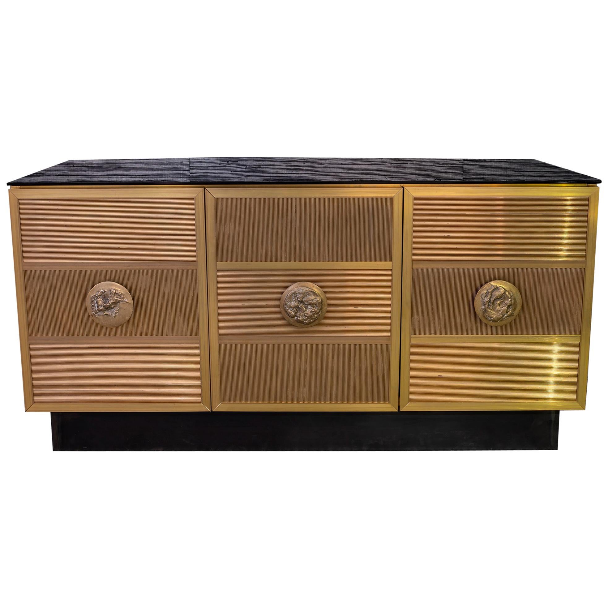 One of a Kind Flair Edition Brass Wire Sideboard, Black Glass Top, Italy, 2020