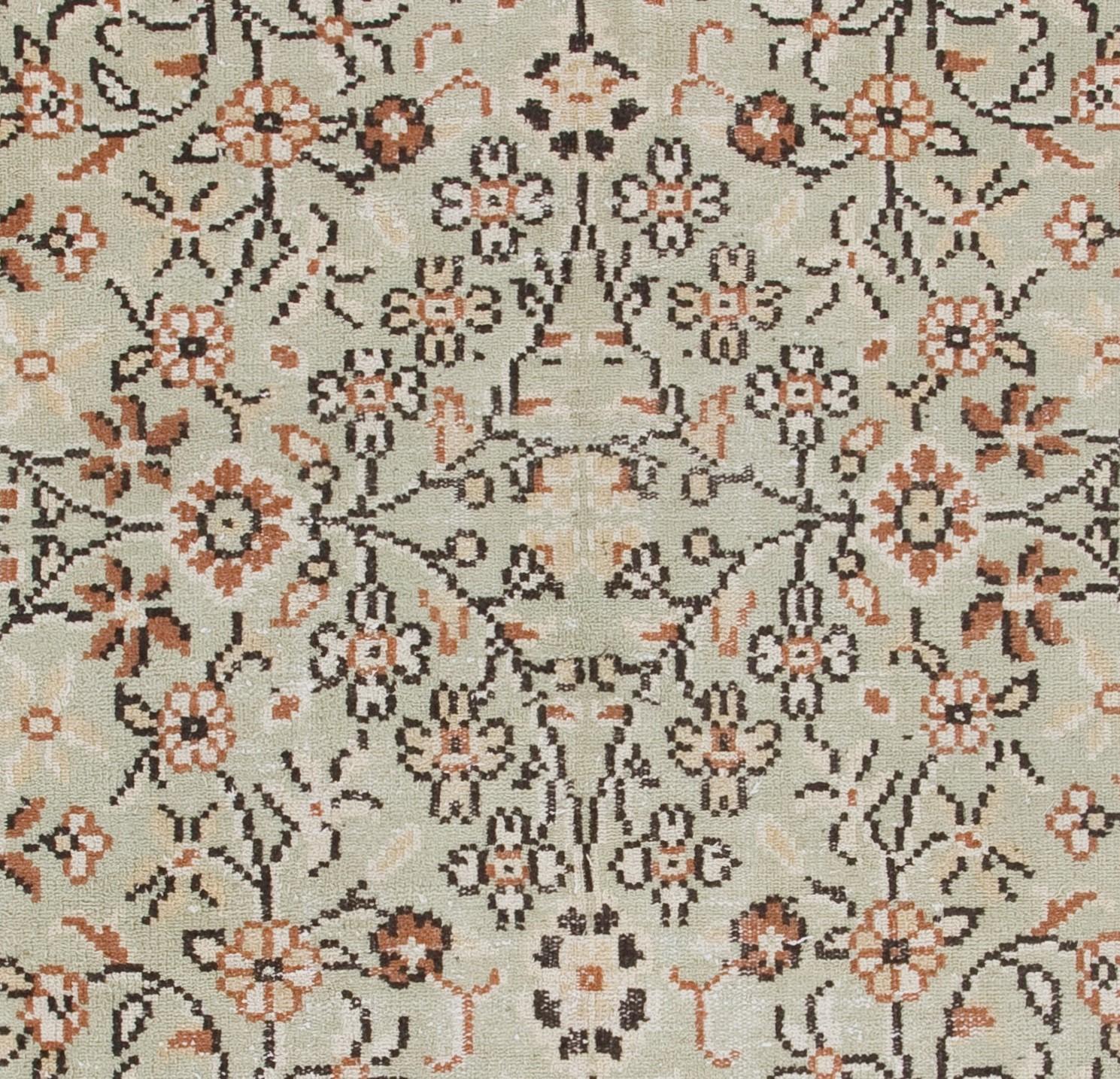 Cotton 6.2x9 ft Vintage Hand-Knotted Turkish Floral Wool Rug in Cream and Pastel Green For Sale