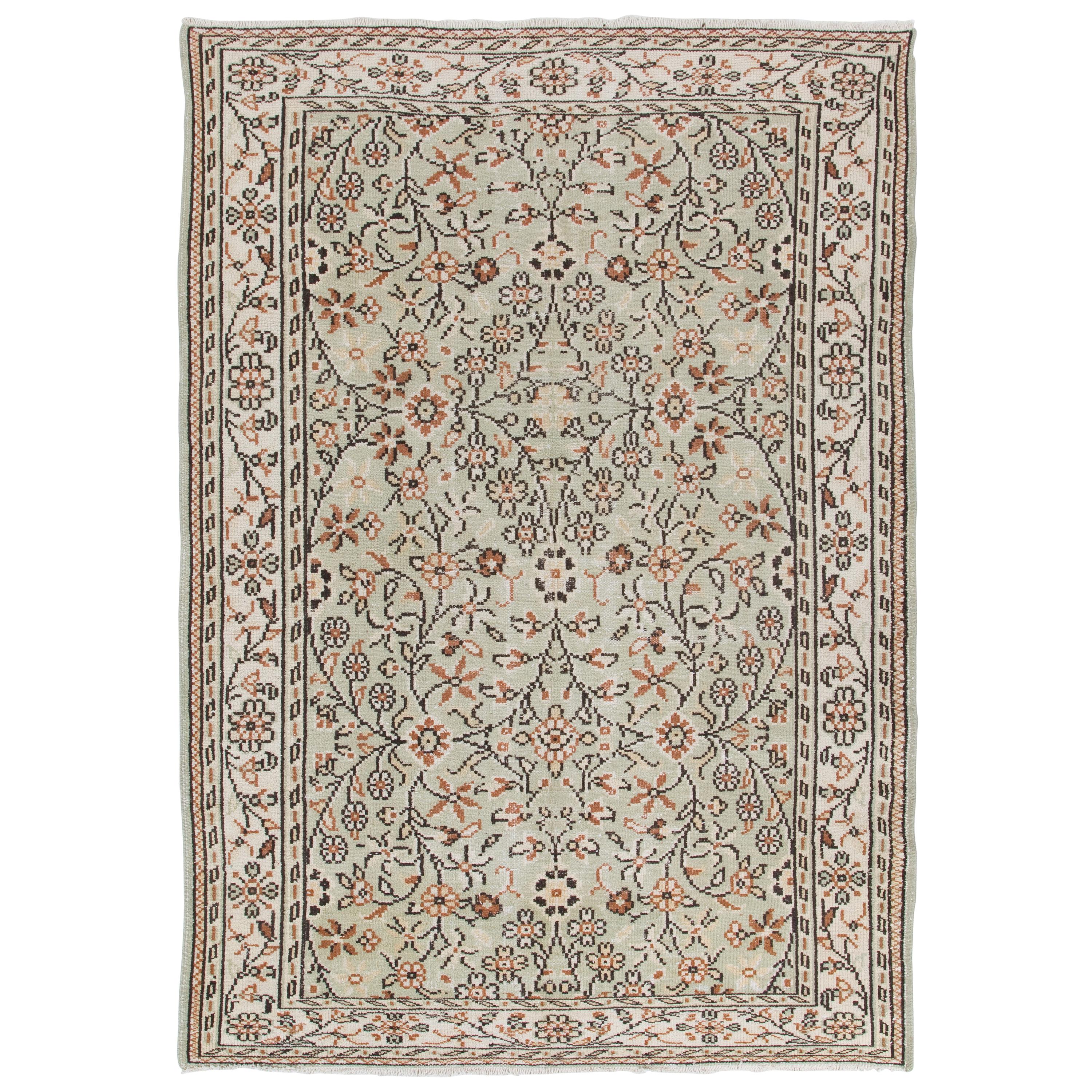 6.2x9 ft Vintage Hand-Knotted Turkish Floral Wool Rug in Cream and Pastel Green