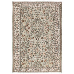 6.2x9 ft Retro Hand-Knotted Turkish Floral Wool Rug in Cream and Pastel Green