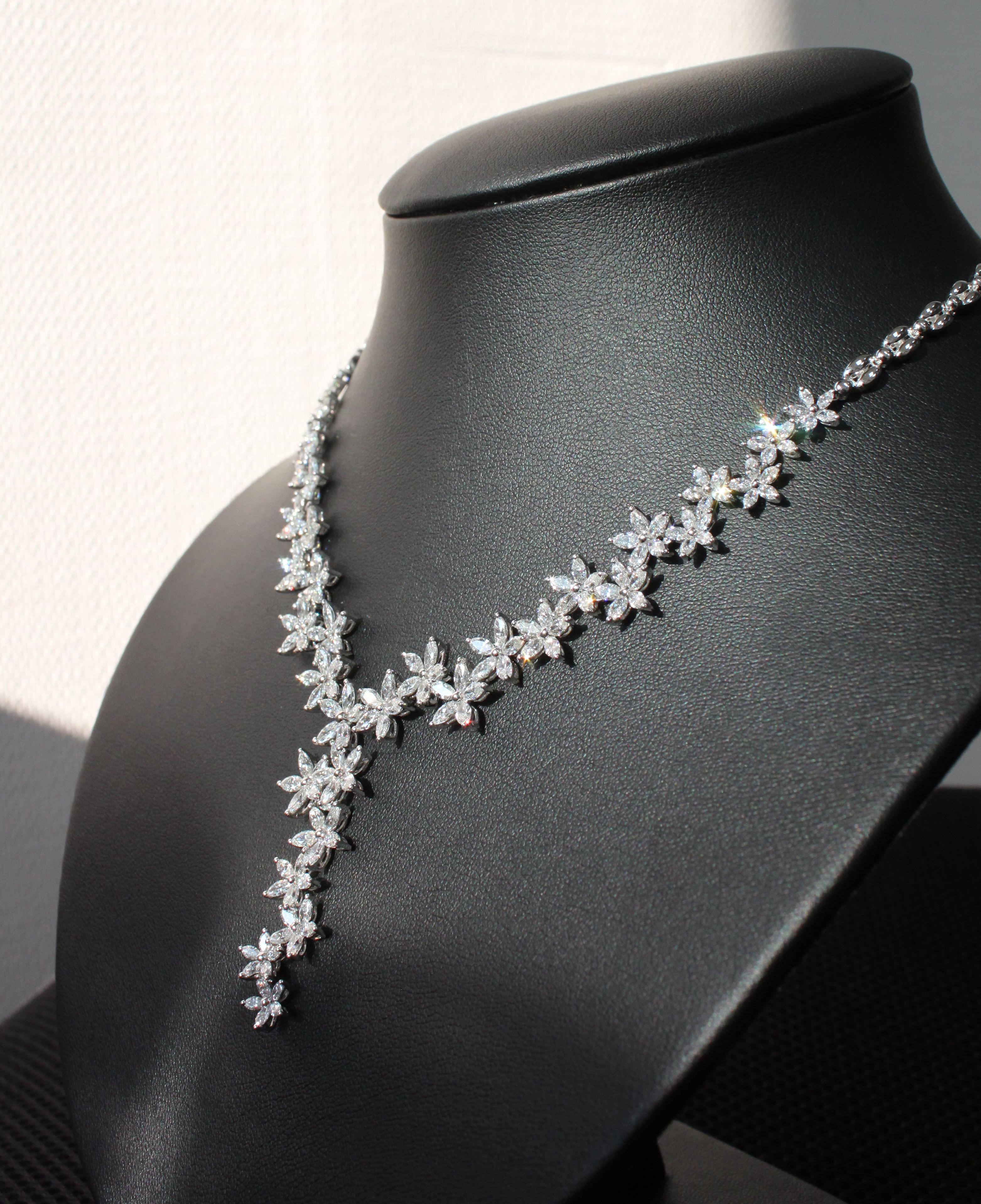 Marquise Cut One of a kind floral diamond necklace made with marquise VS-SI natural diamonds For Sale
