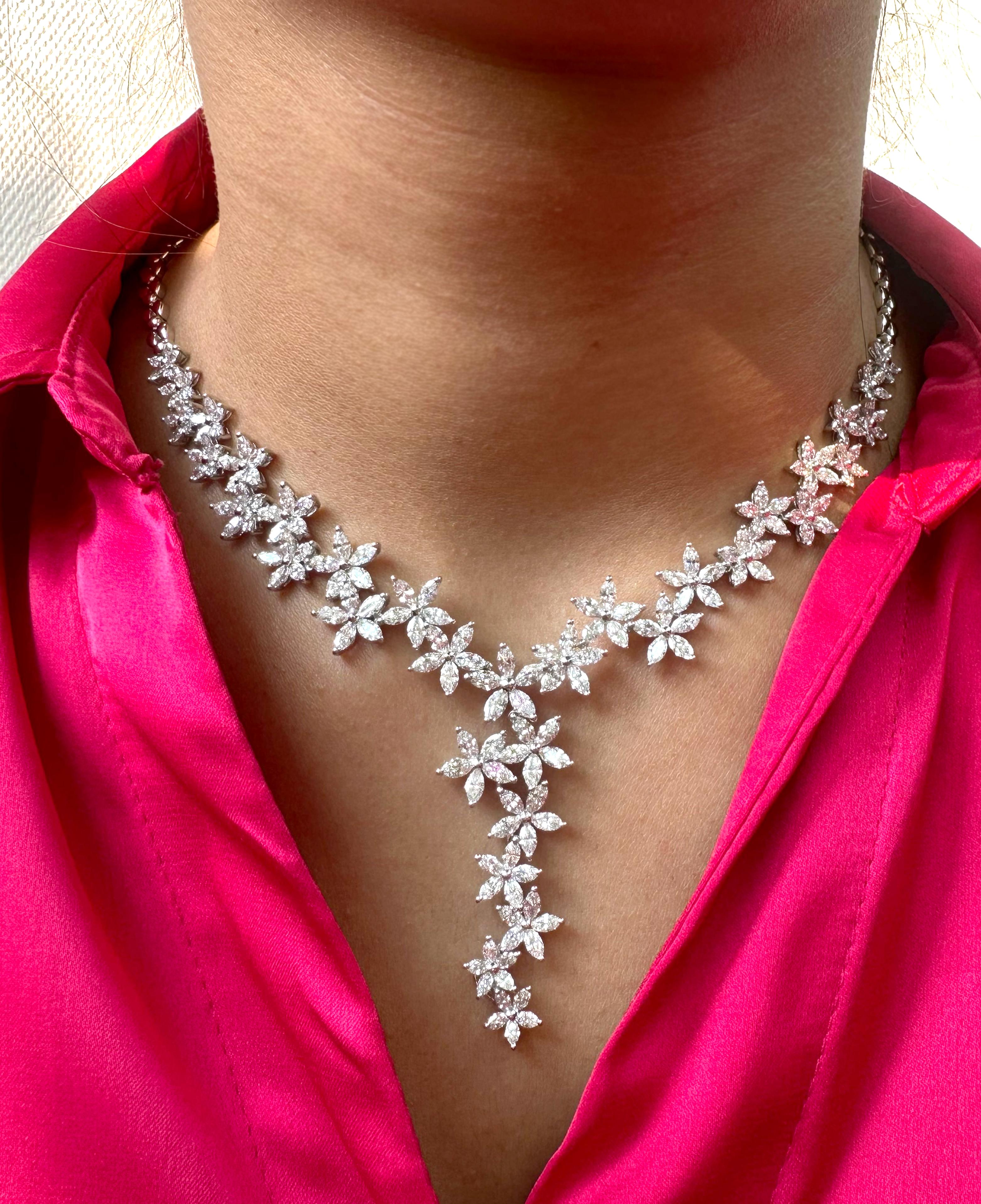 Women's One of a kind floral diamond necklace made with marquise VS-SI natural diamonds For Sale