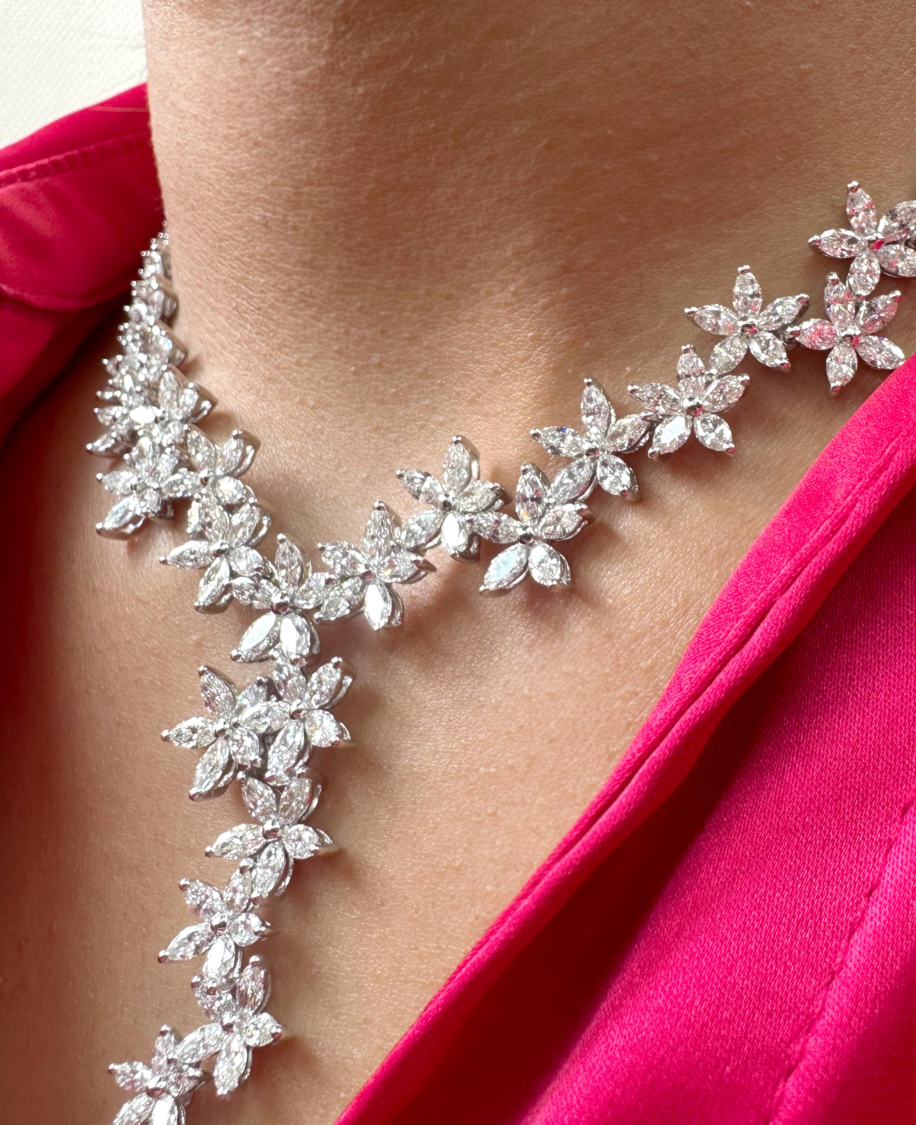 One of a kind floral diamond necklace made with marquise VS-SI natural diamonds For Sale 2