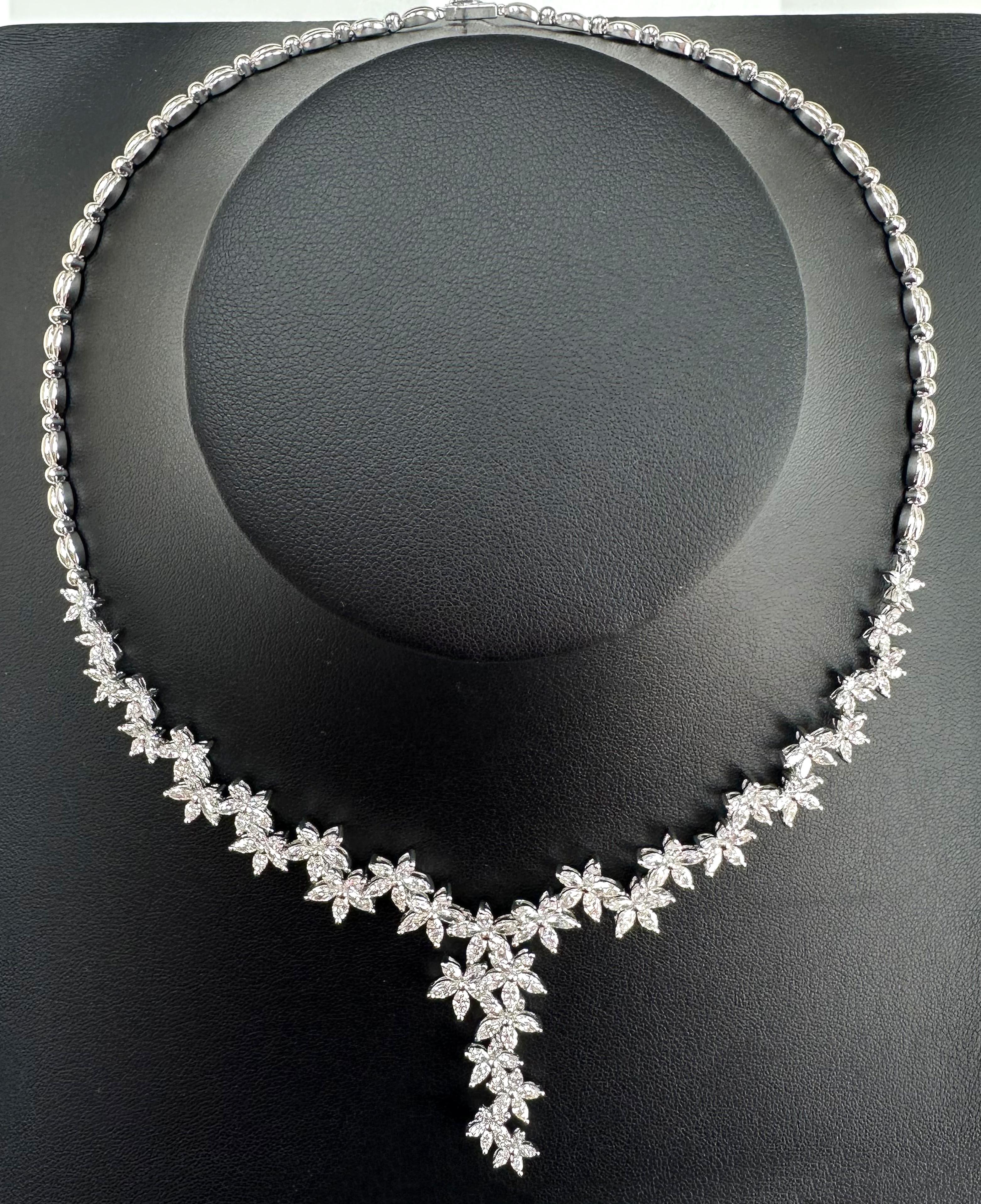 One of a kind floral diamond necklace made with marquise VS-SI natural diamonds For Sale 3