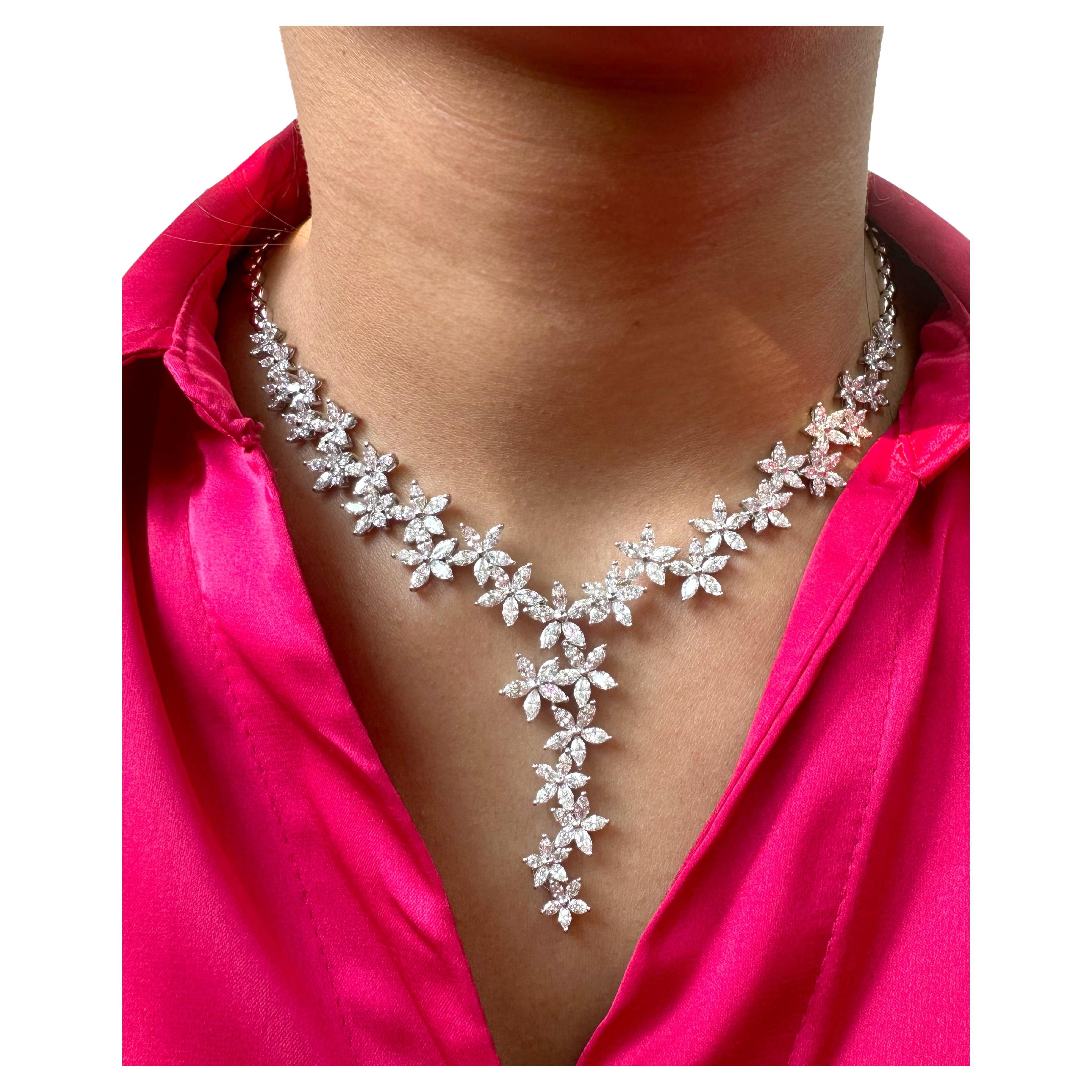 One of a kind floral diamond necklace made with marquise VS-SI natural diamonds For Sale