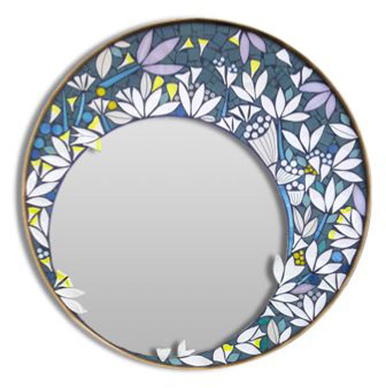 Unique one of a kind artist's creation round mosaic mirror, in oak base. In a floral geometric style decoration in blue lilac, white and yellow beautiful combination of colors and a smaller mirror on the left down part of the mosaic frame.  With