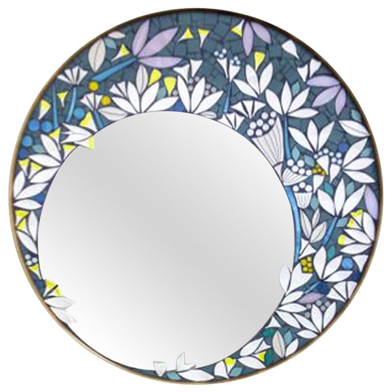 One of a Kind Floral Geometric Artist's Round Mosaic Wall Mirror, France