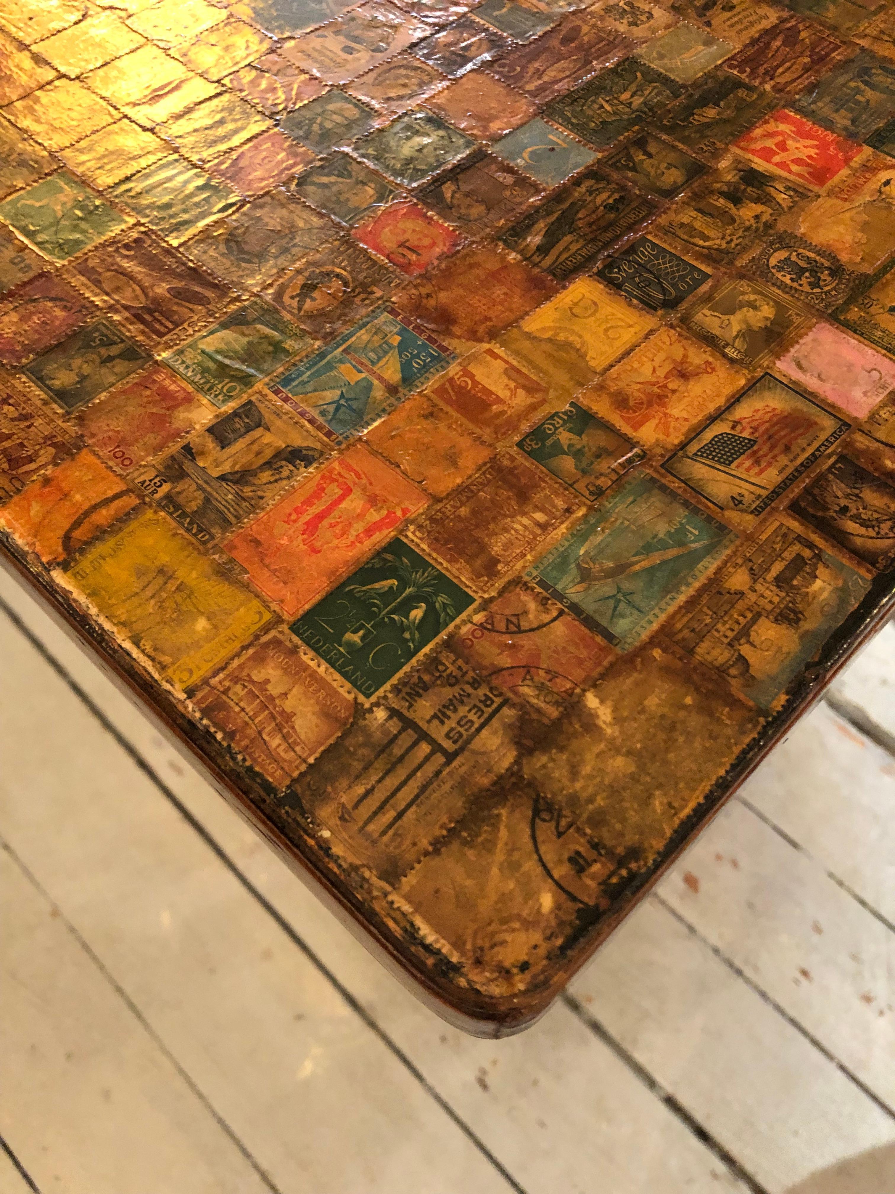 One of a Kind Folding Card Table Collaged with Stamps In Good Condition For Sale In Hopewell, NJ