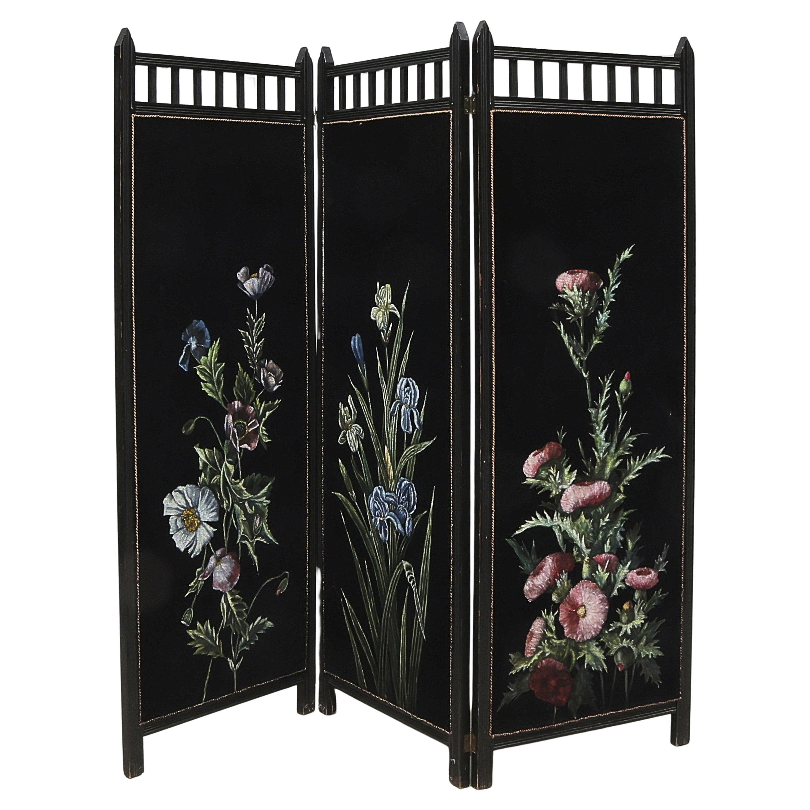 One of a kind Folding Screen with handpainted flowers on velvet, Edwardian 1910s