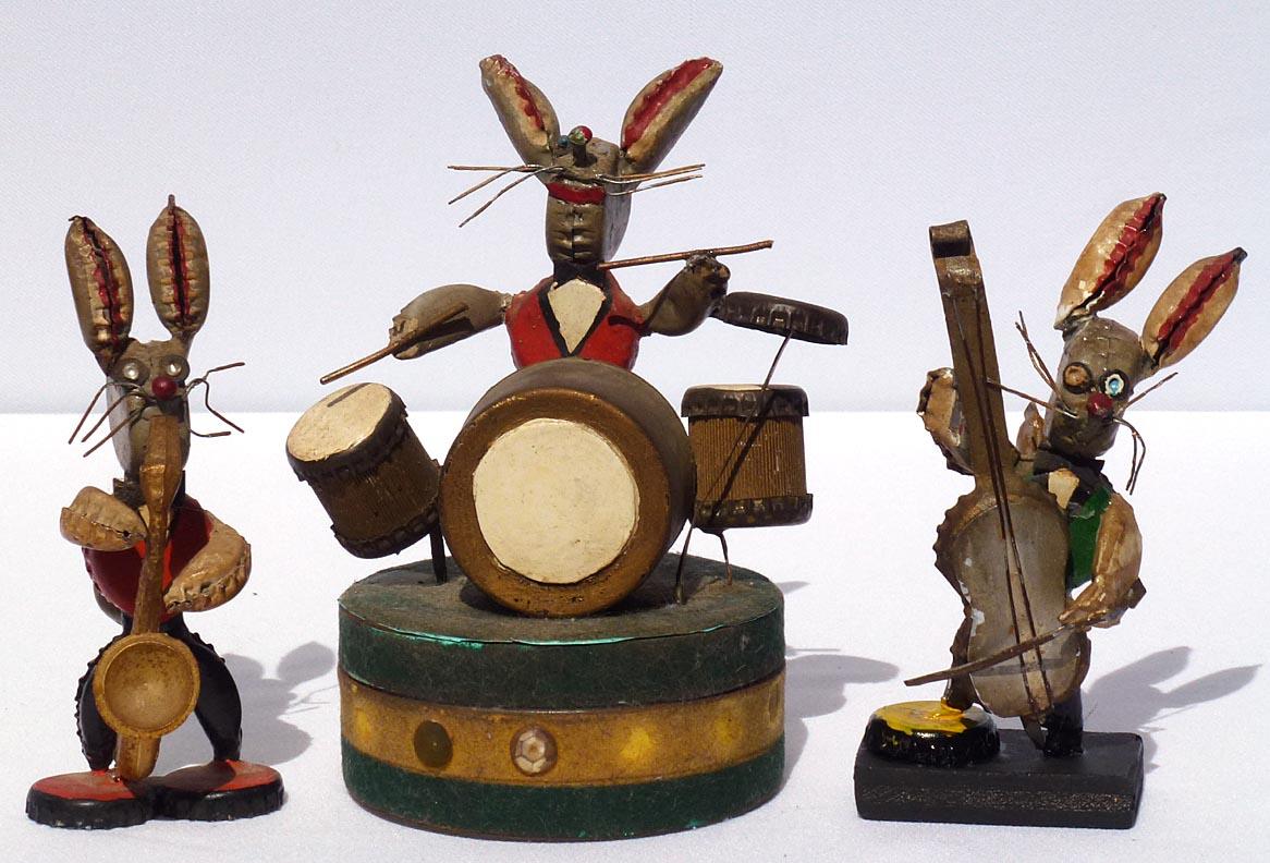 One-of-a-kind Folk Art Rabbit Musicians Made from Bottle Caps and Found Objects For Sale 3