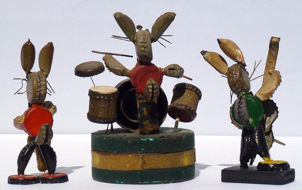 One-of-a-kind Folk Art Rabbit Musicians Made from Bottle Caps and Found Objects For Sale 4