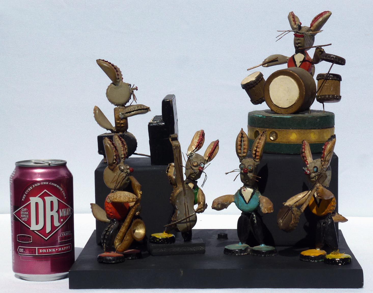 One-of-a-kind Folk Art Rabbit Musicians Made from Bottle Caps and Found Objects For Sale 5