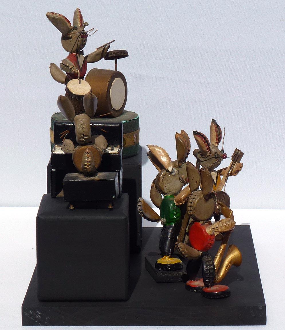 One-of-a-kind Folk Art Rabbit Musicians Made from Bottle Caps and Found Objects For Sale 6