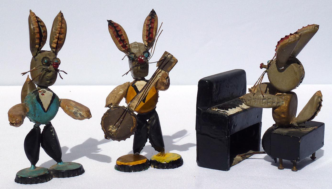 One-of-a-kind Folk Art Rabbit Musicians Made from Bottle Caps and Found Objects For Sale 1