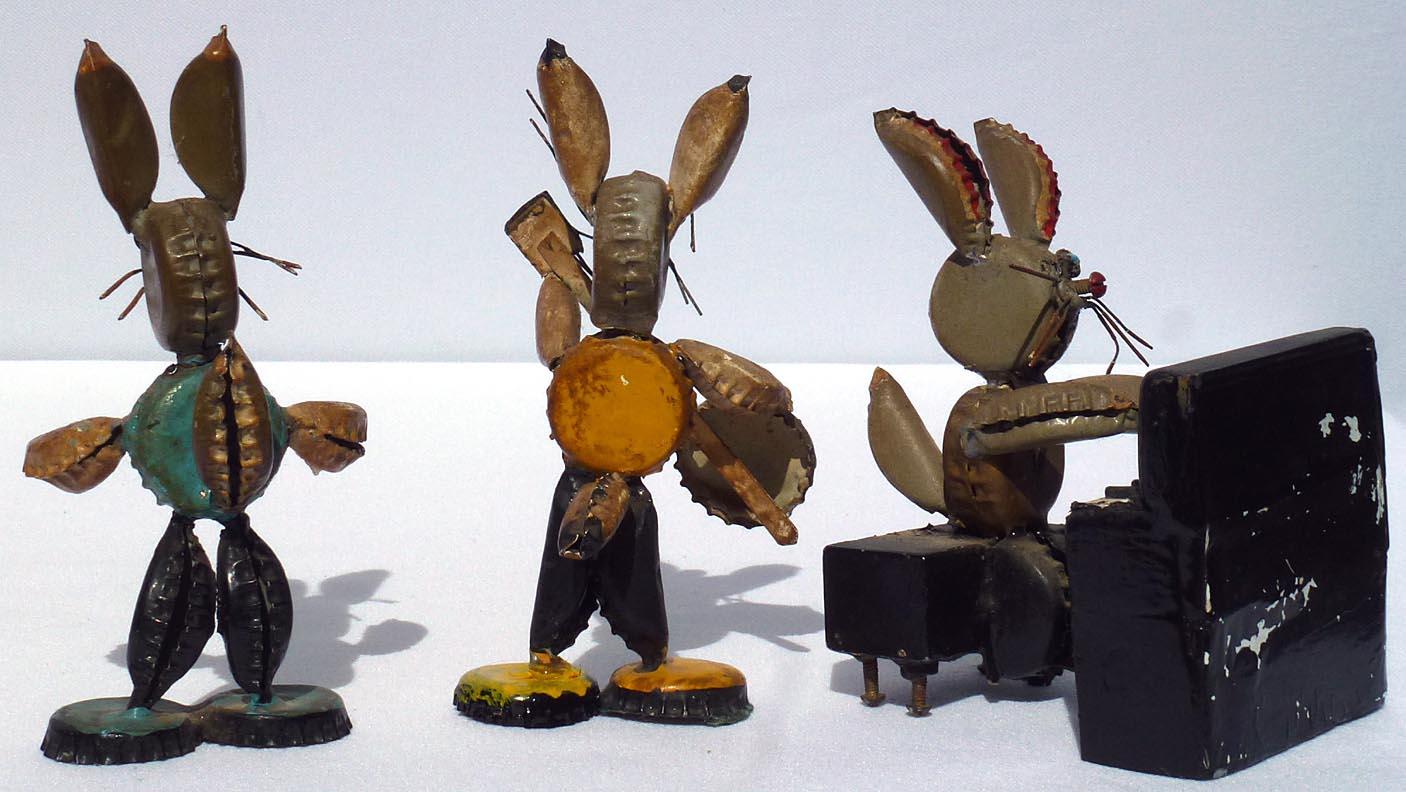 One-of-a-kind Folk Art Rabbit Musicians Made from Bottle Caps and Found Objects For Sale 2