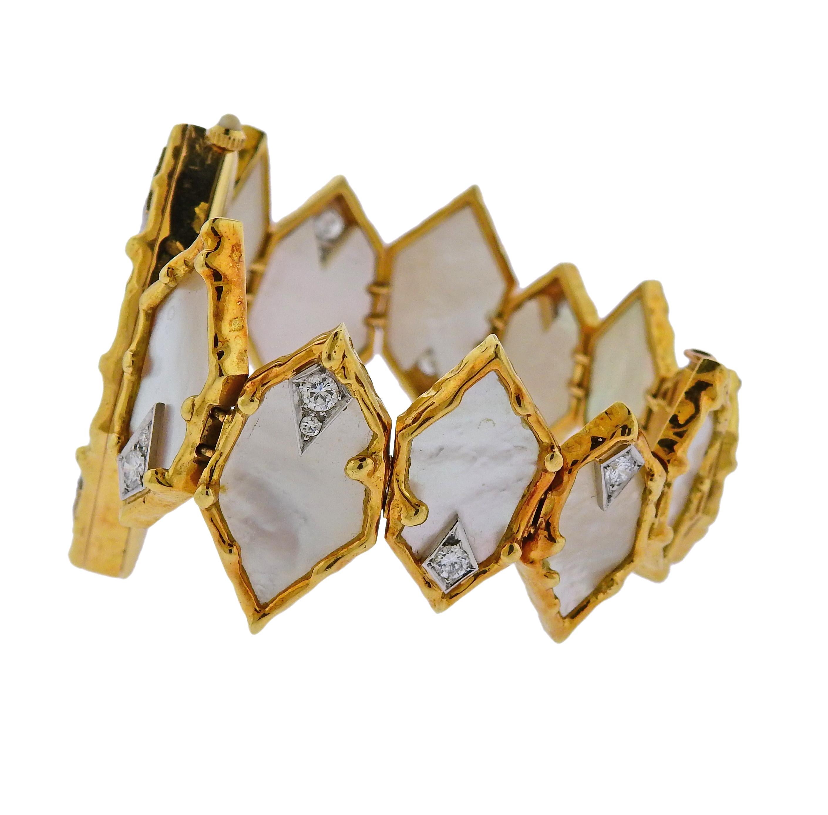 One of a Kind Fred Paris Gerald Genta Diamond MOP Gold Watch Bracelet  In Excellent Condition In Lambertville, NJ