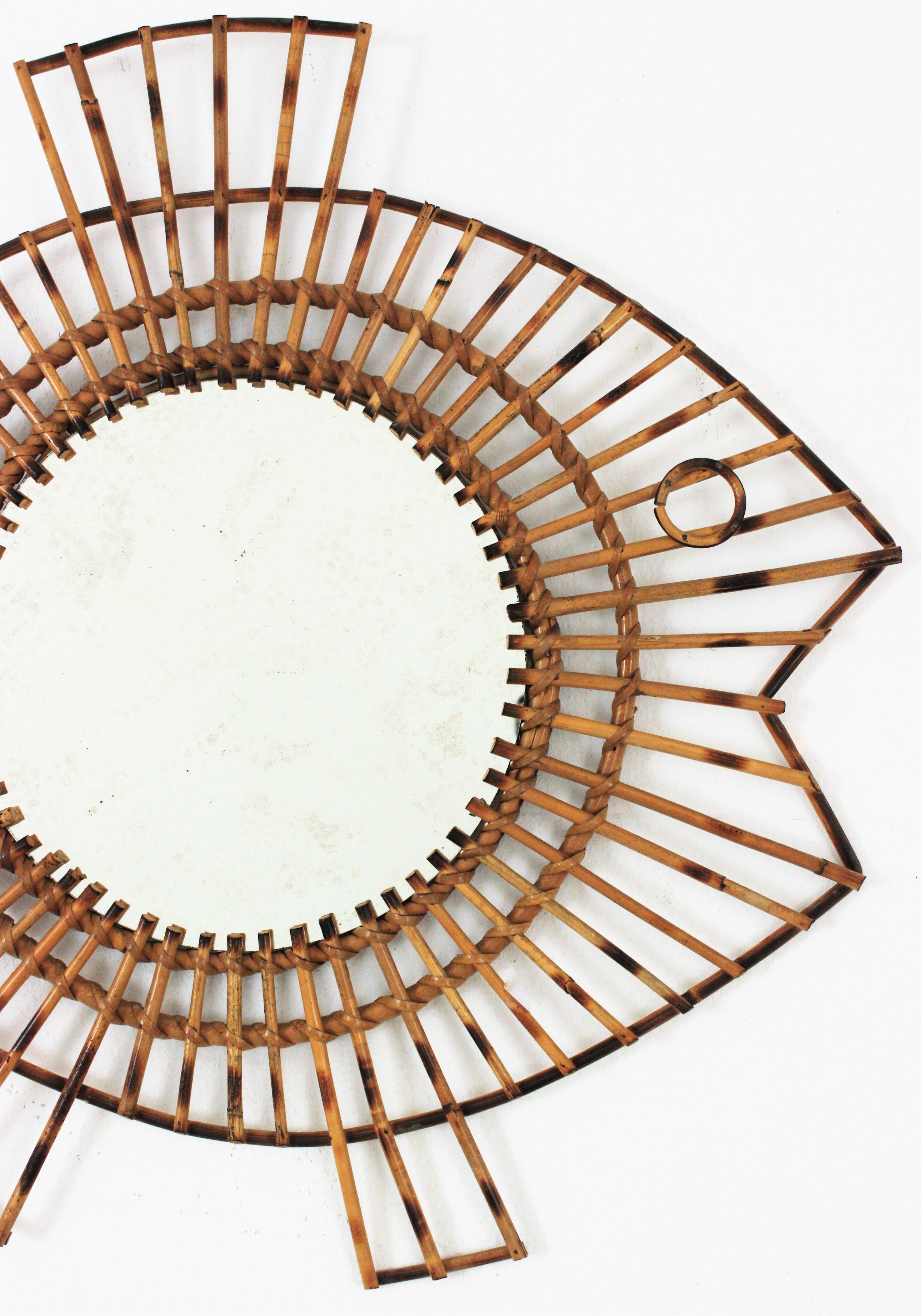 Mid-Century Modern One of a Kind French 1950s Rattan Fish Shaped Mirror