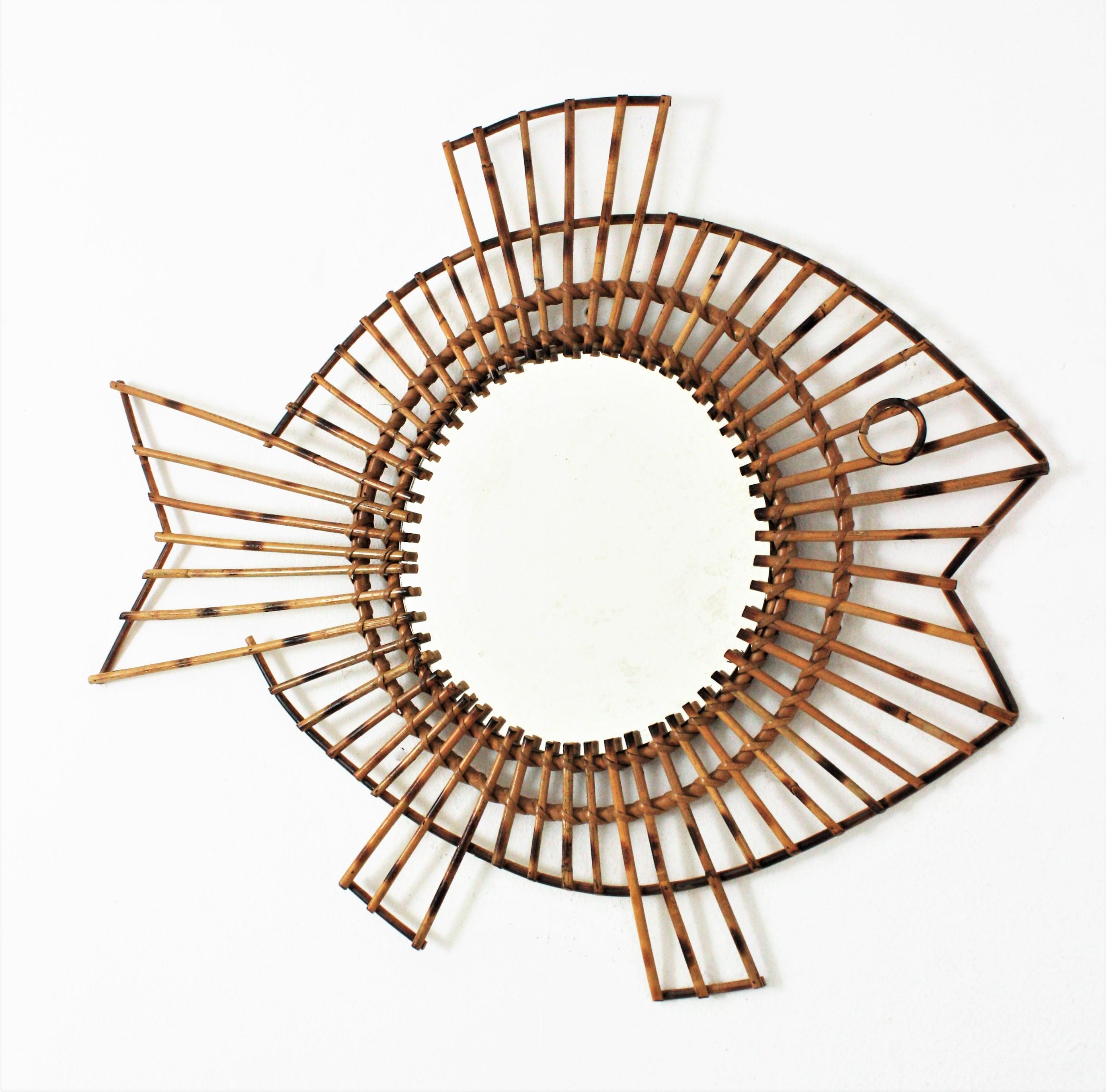 20th Century One of a Kind French 1950s Rattan Fish Shaped Mirror