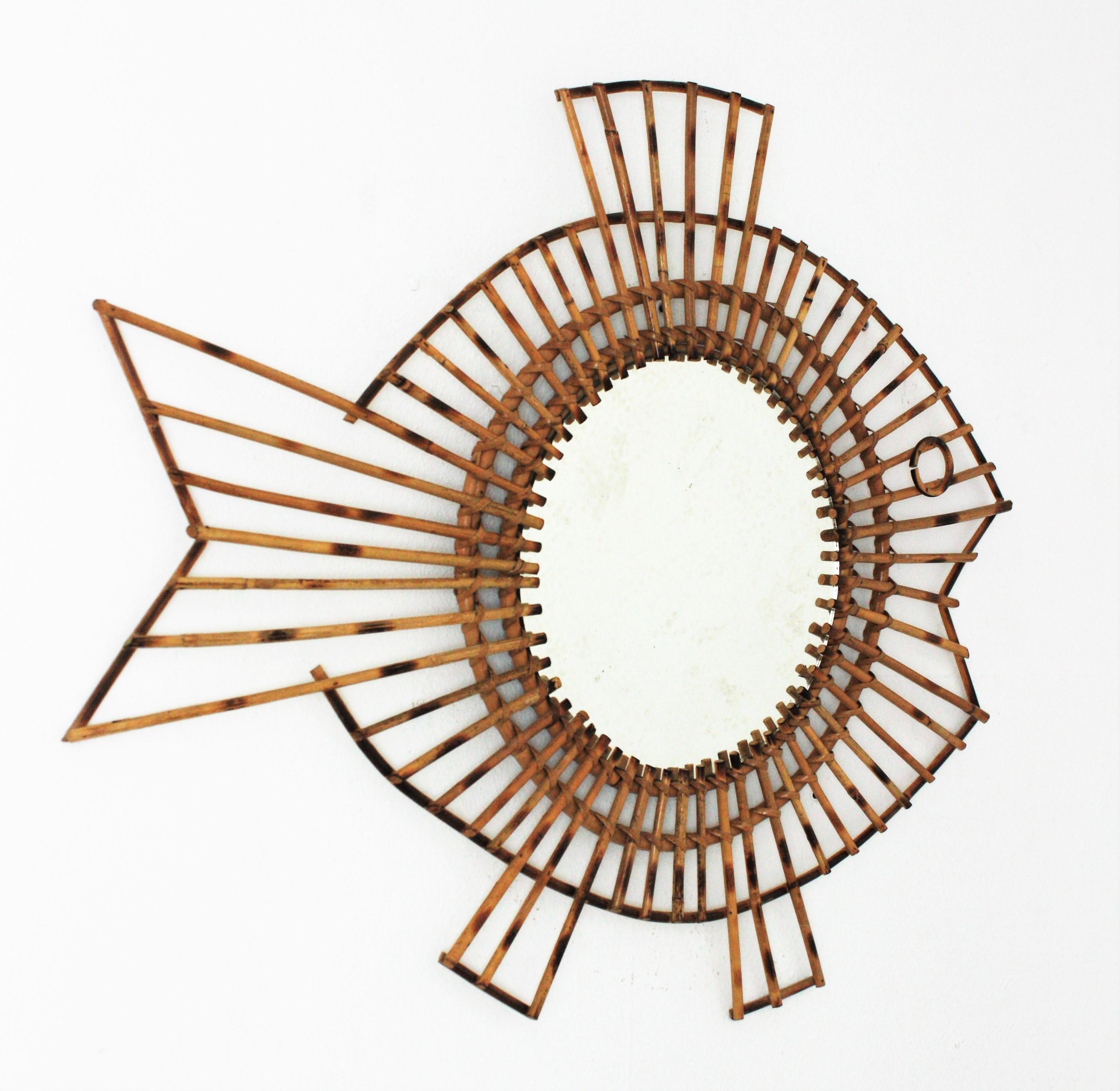 One of a Kind French 1950s Rattan Fish Shaped Mirror 2