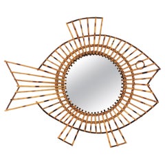 Retro One of a Kind French 1950s Rattan Fish Shaped Mirror