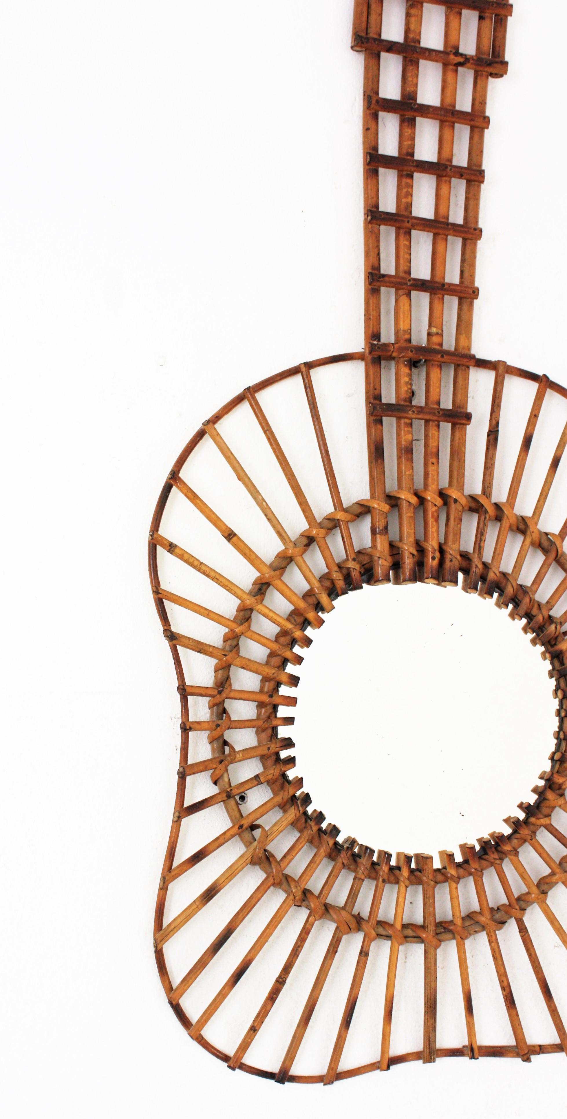 Mid-Century Modern Rattan Guitar Shaped Wall Mirror, 1950s For Sale