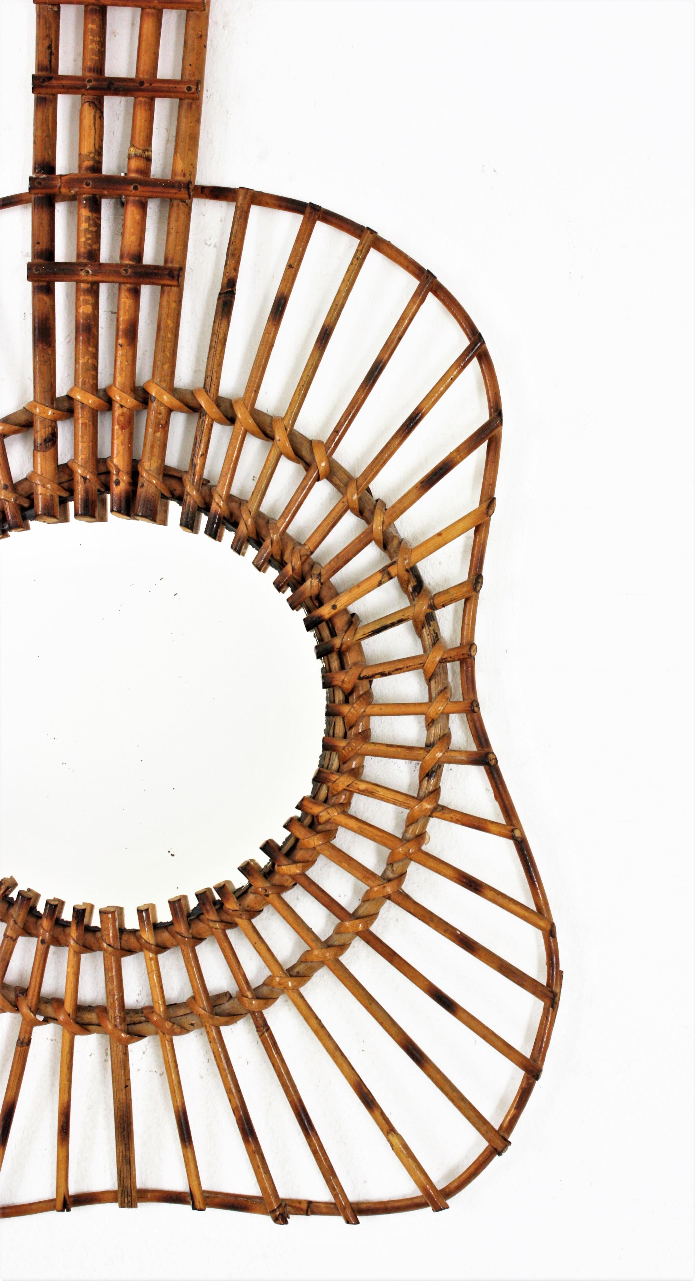 French Rattan Guitar Shaped Wall Mirror, 1950s For Sale