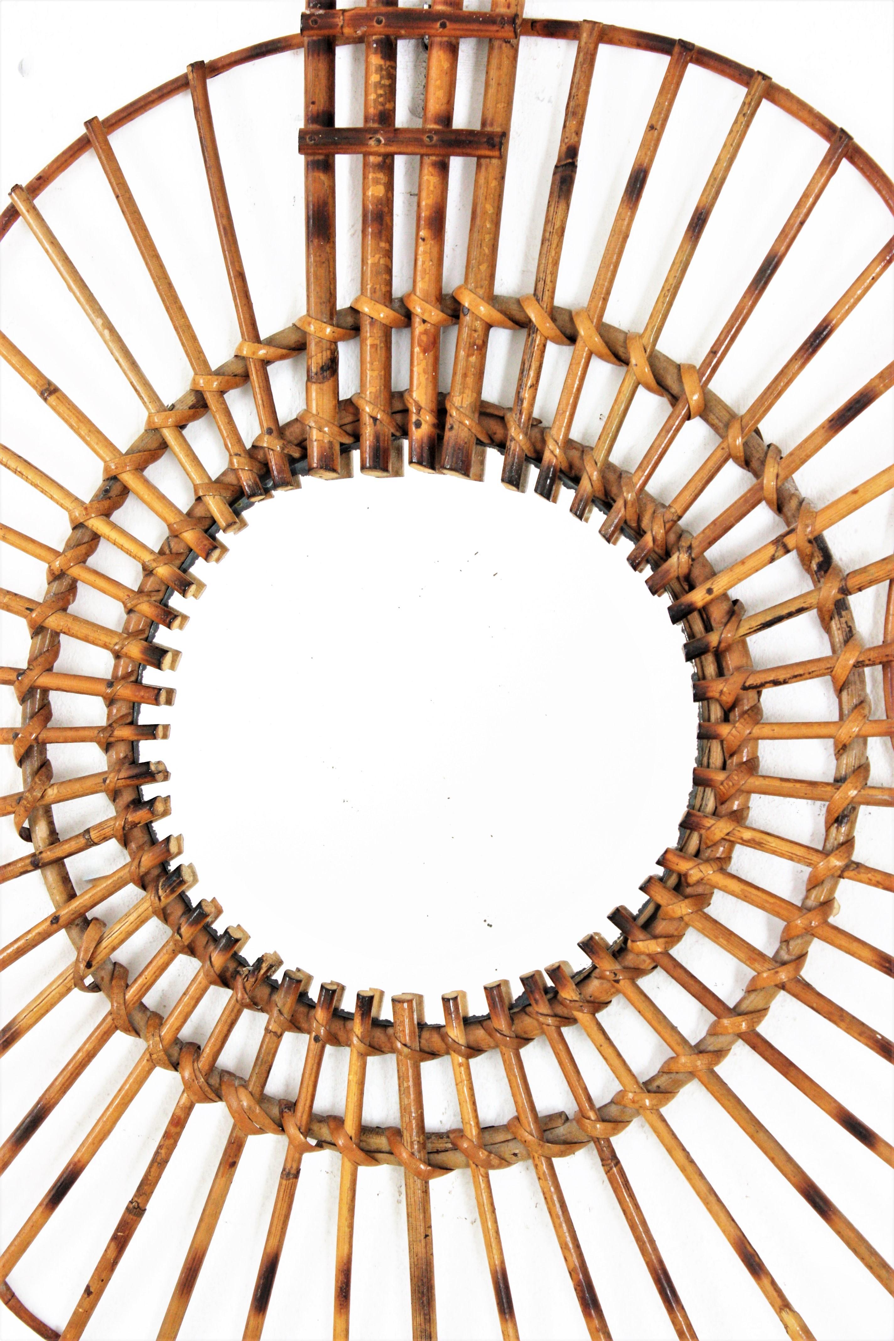 Hand-Crafted Rattan Guitar Shaped Wall Mirror, 1950s For Sale