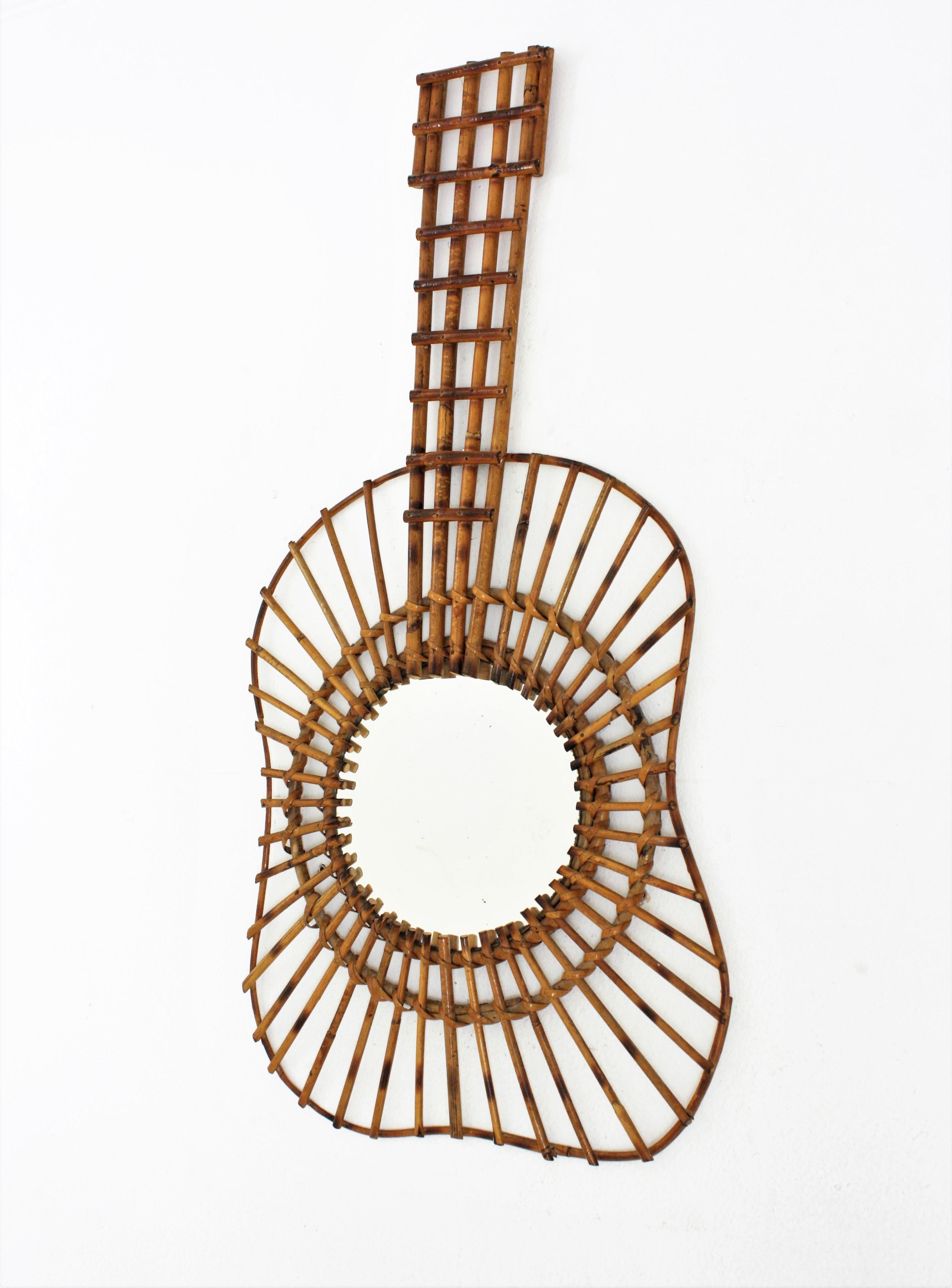 20th Century Rattan Guitar Shaped Wall Mirror, 1950s For Sale
