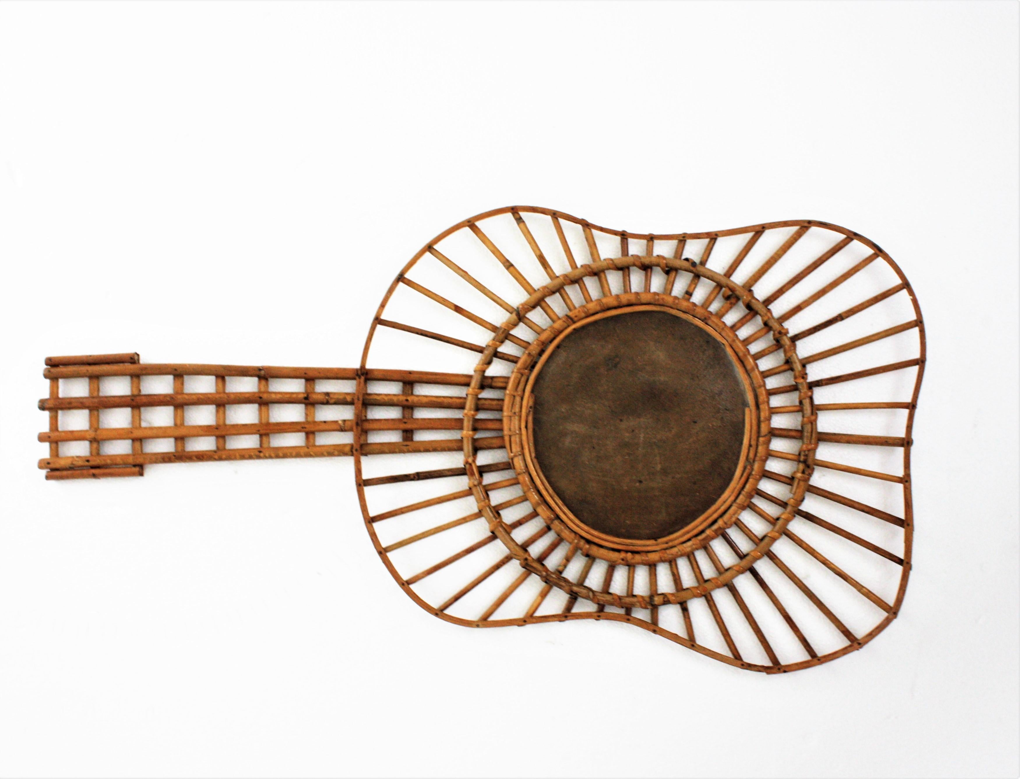 Wicker Rattan Guitar Shaped Wall Mirror, 1950s For Sale