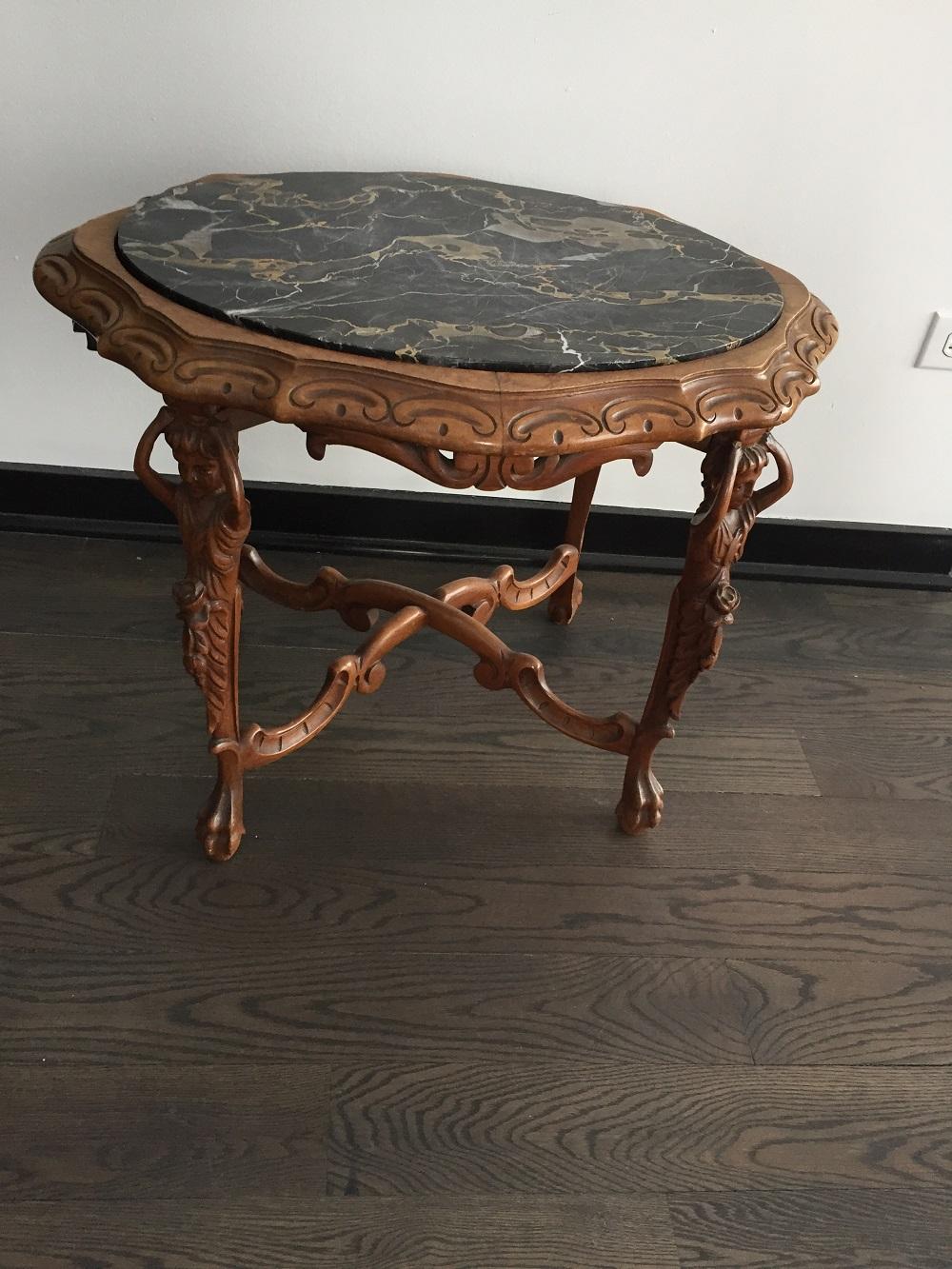 Marble One of a Kind French Antique Table with Figure Carved Legs