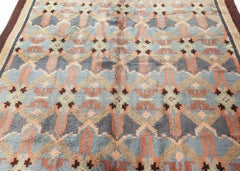 One-of-a-kind French Art Deco Blue, Rose, Beige, Brown Handmade Wool Rug