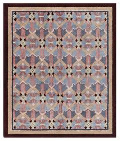 One-of-a-kind French Art Deco Blue, Rose, Beige, Brown Handmade Wool Rug