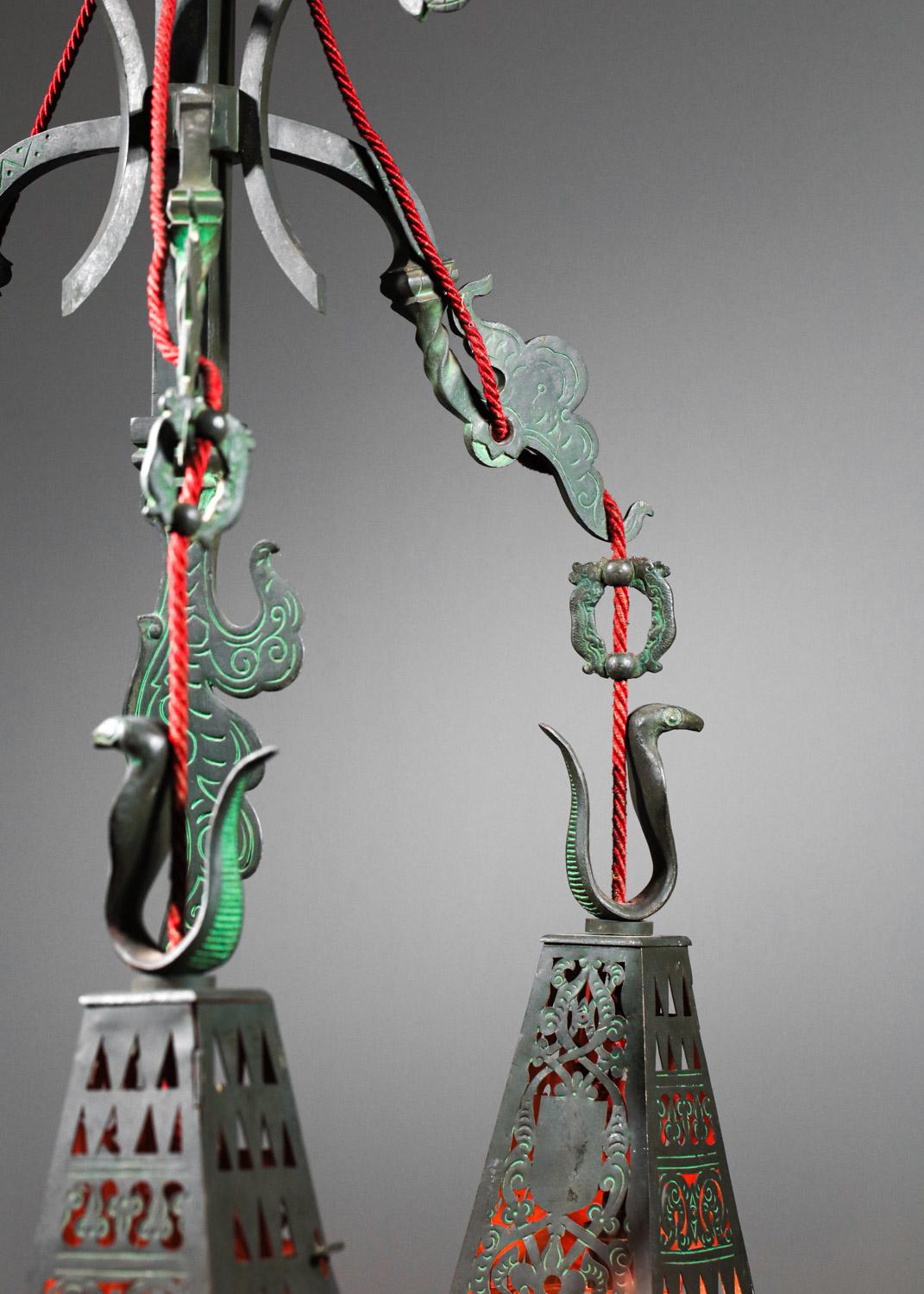 One-of-a-kind French chandelier orientalist decor from the 1940s chased bronze  For Sale 5