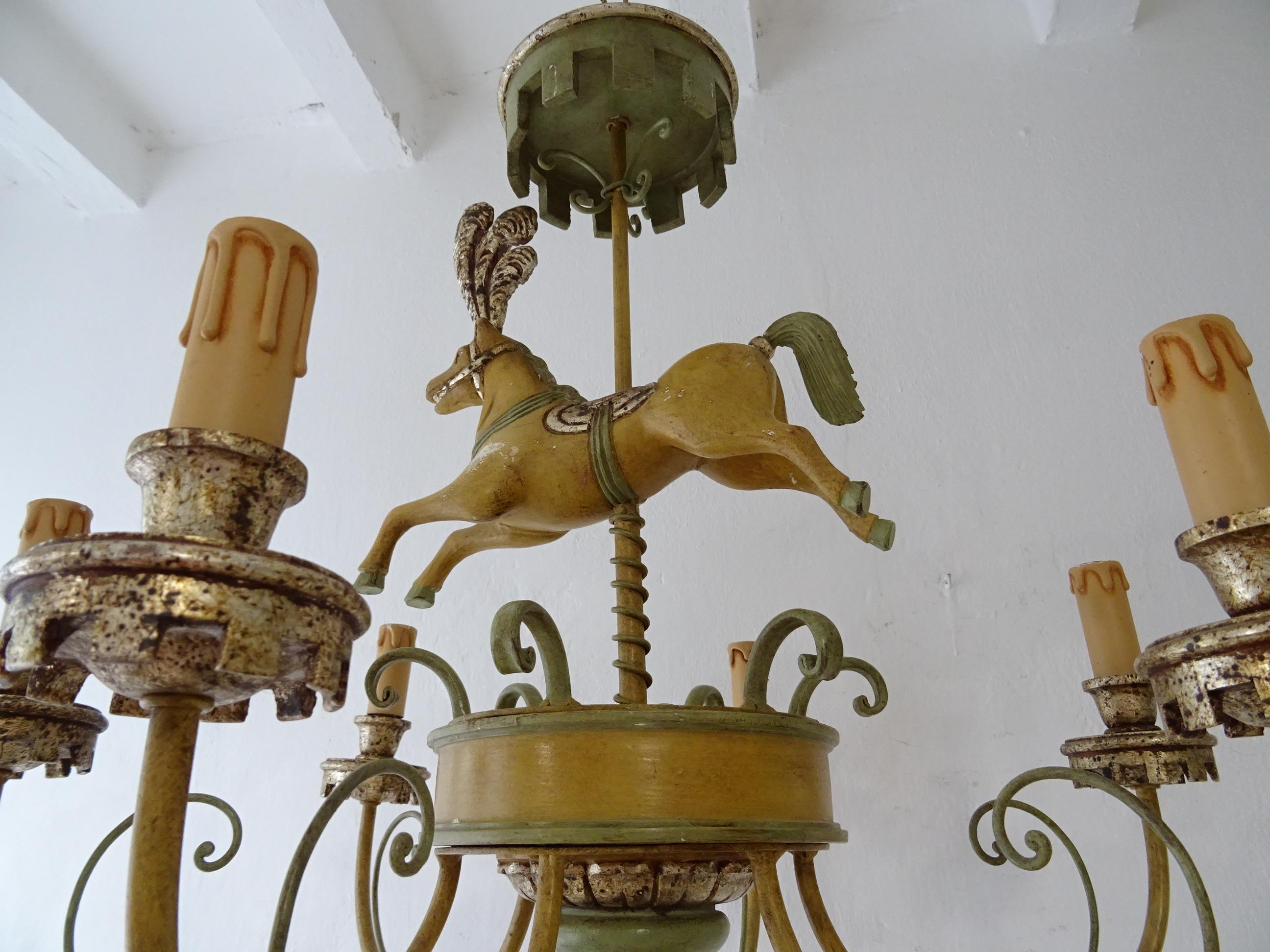 One of a Kind French Paris Horse Carousel Polychrome Chandelier Parisian c1930 For Sale 9