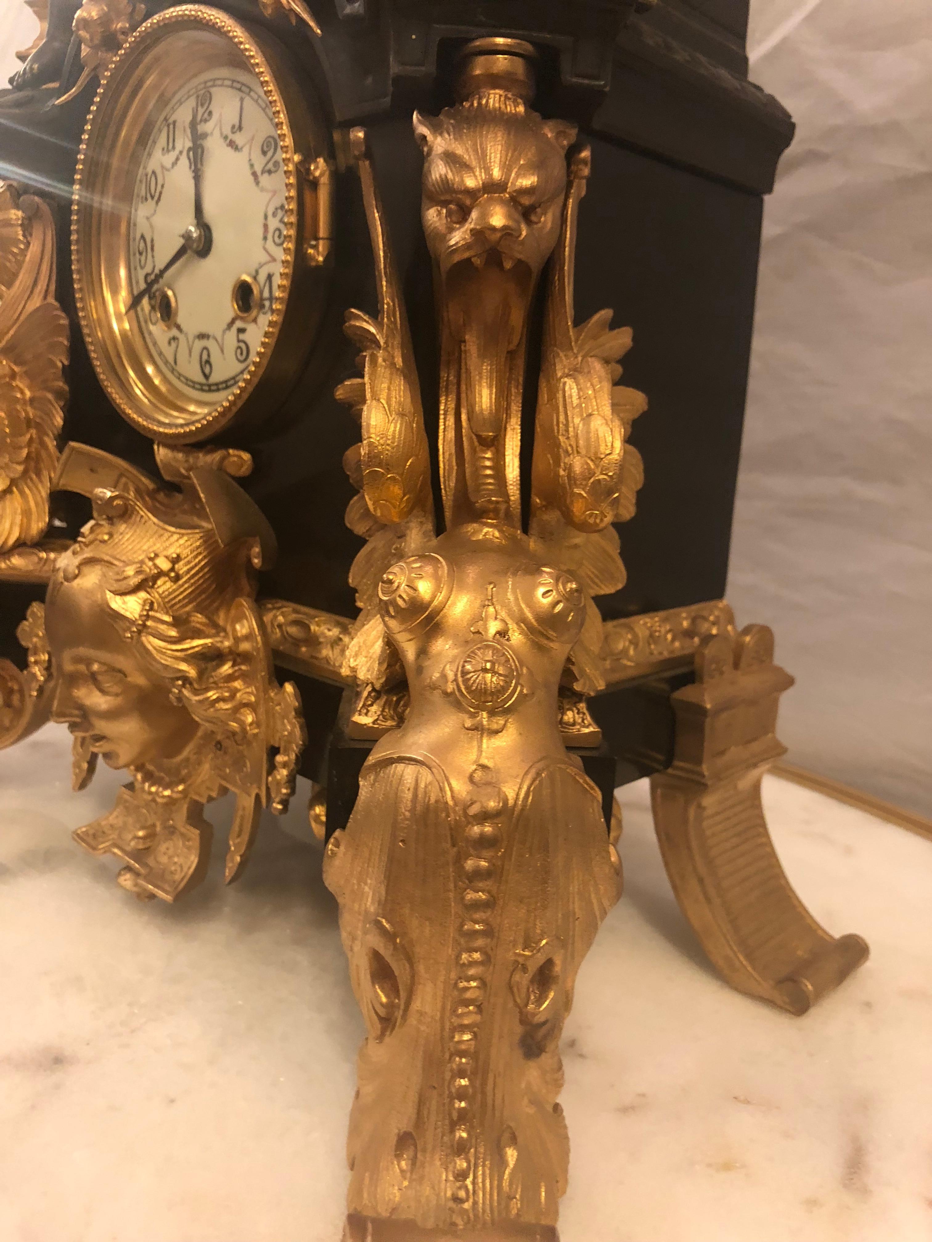 One of a Kind French Patinated and Dore Bronze Figural Mantle Clock 8