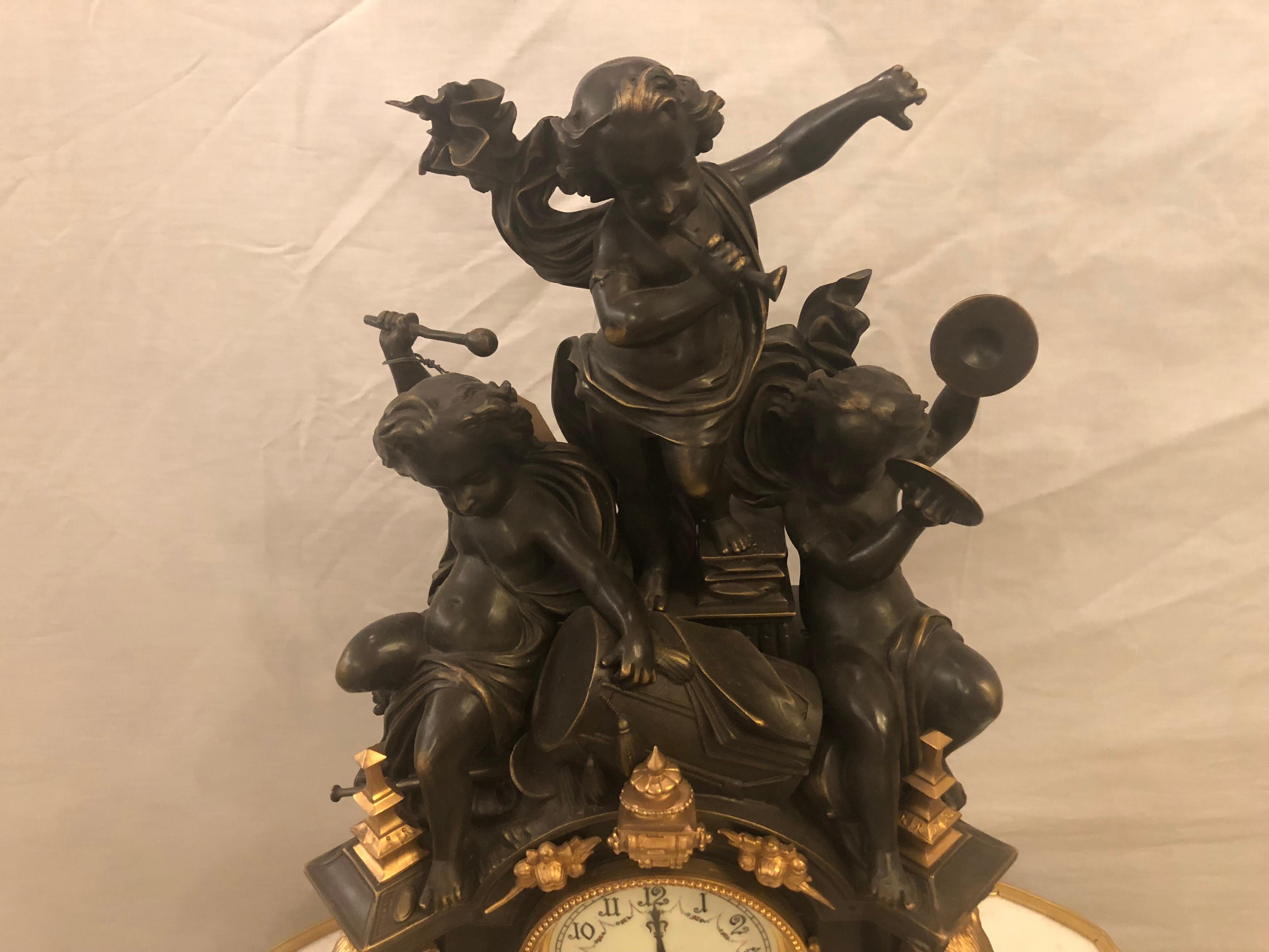 One of a Kind French Patinated and Dore Bronze Figural Mantle Clock 1